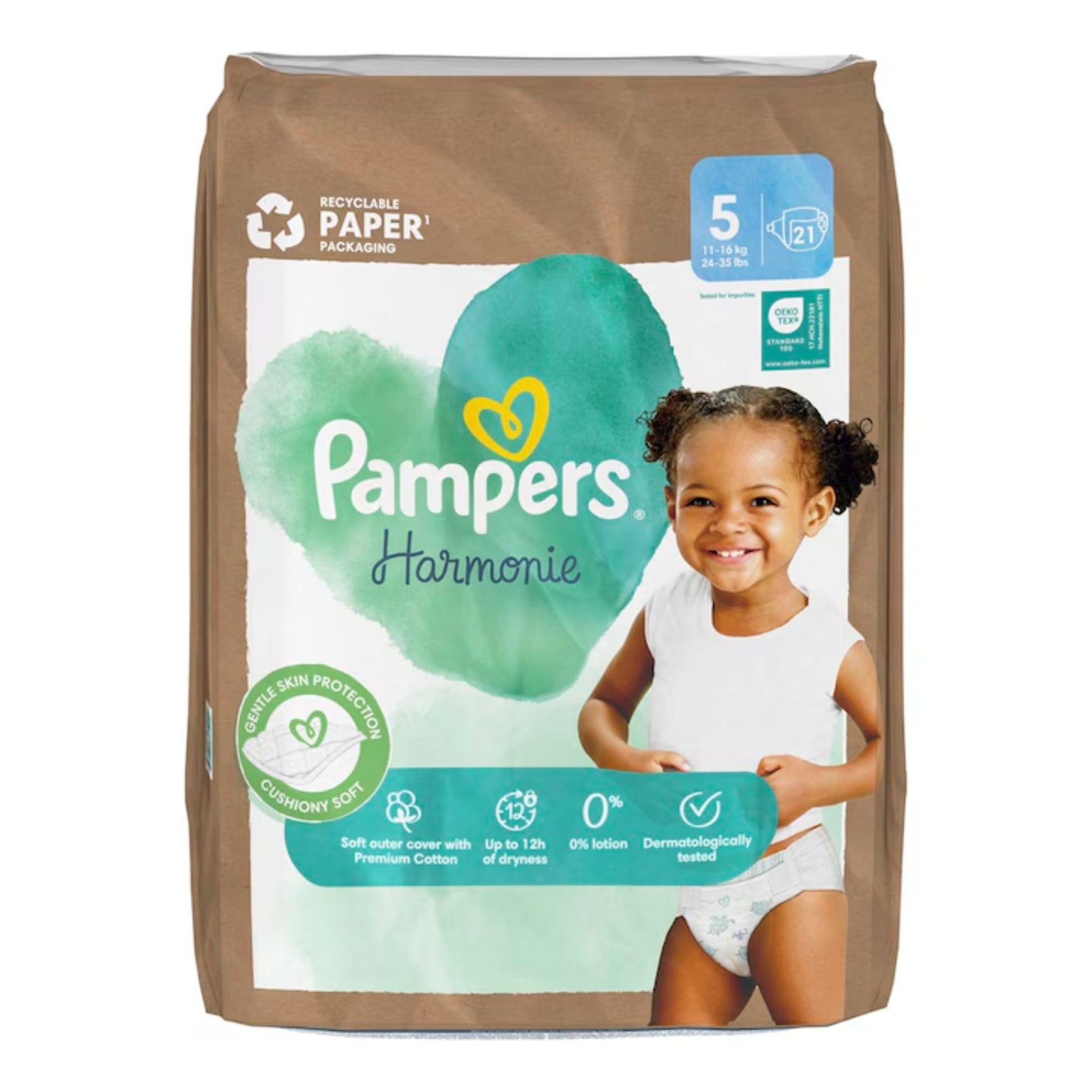 Pampers Harmonie Baby Nappies Single Pack, Size 5 (11-16kg), Pack of 21, Gentle Skin Protection and Plant-Based Ingredients