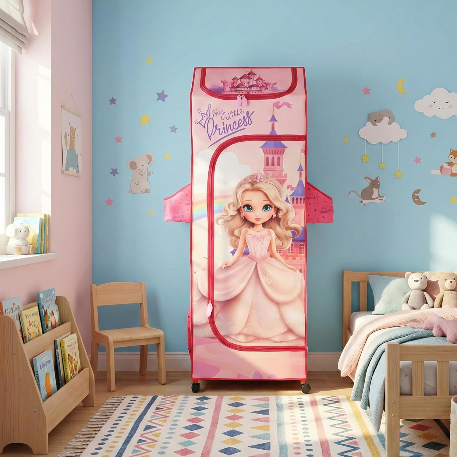 DISNEY Kids Princess Fabric Wardrobe Organizer with Wheels – “My Little Princess” Portable Storage Closet for Girls