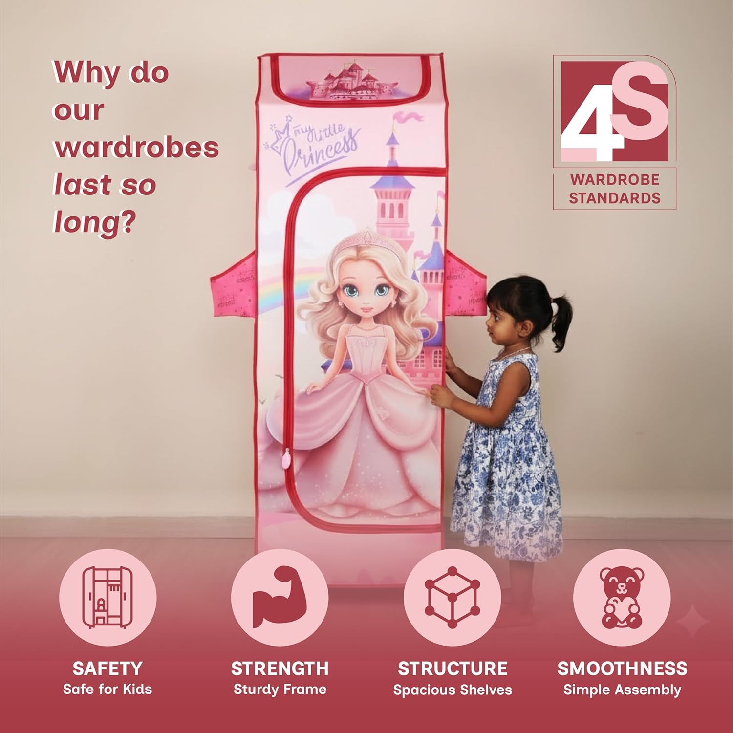 DISNEY Kids Princess Fabric Wardrobe Organizer with Wheels – “My Little Princess” Portable Storage Closet for Girls