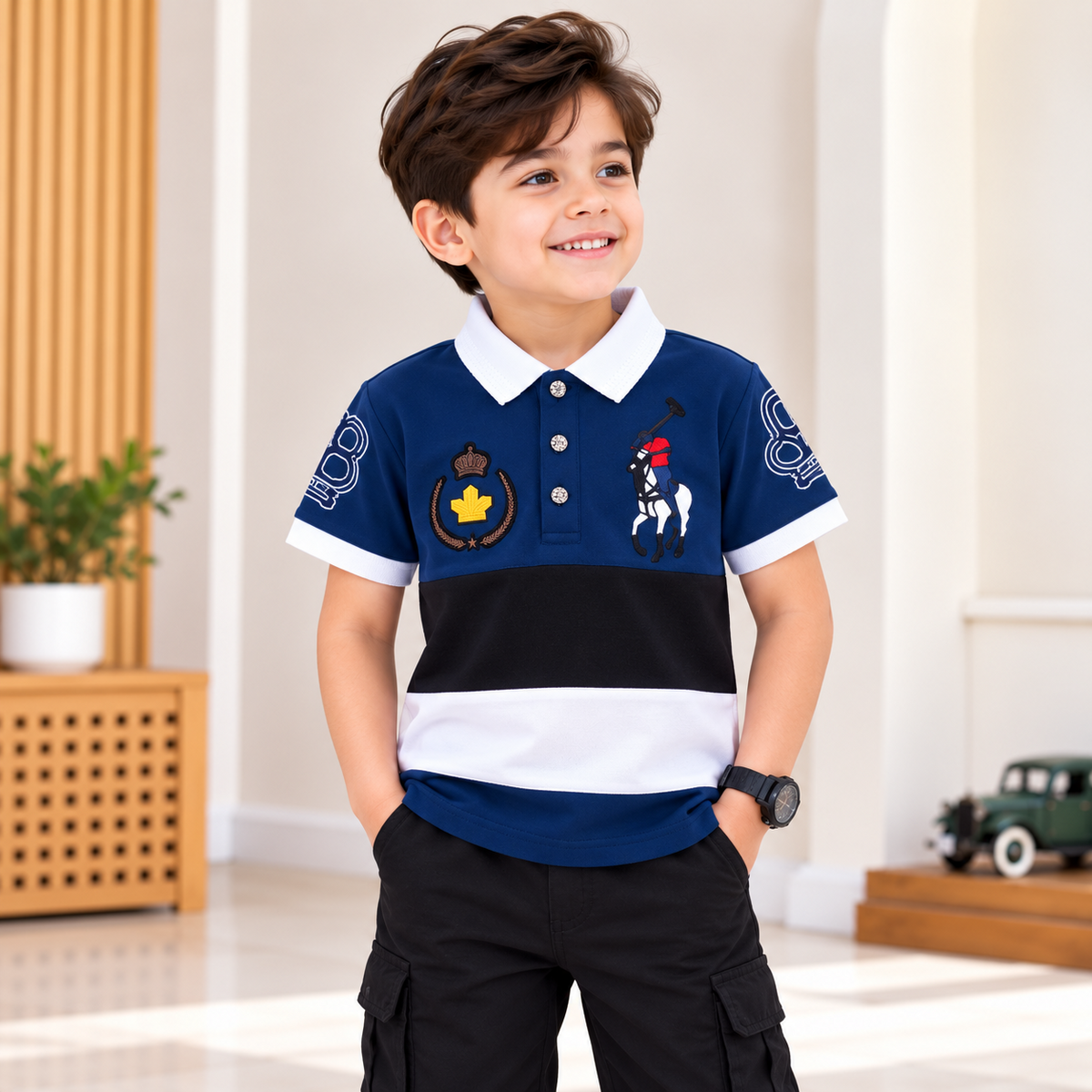 99 BALLON boys navy colour block polo shirt front