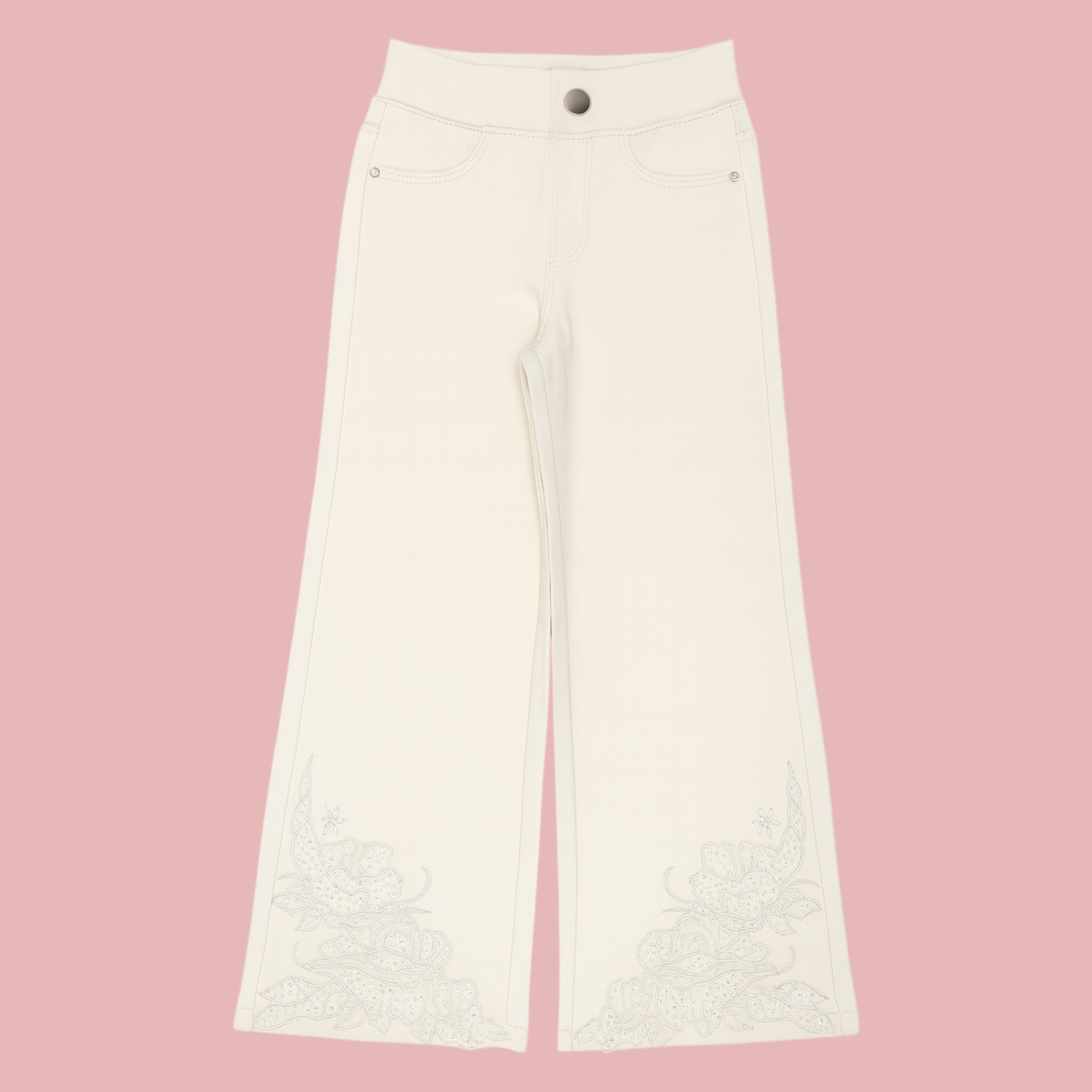 LOVEKINS Girls’ Cream Wide-Leg Floral Embroidered Pants (5–15 Years)