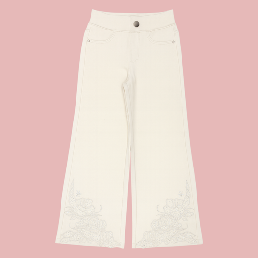 LOVEKINS Girls’ Cream Wide-Leg Floral Embroidered Pants (5–15 Years)