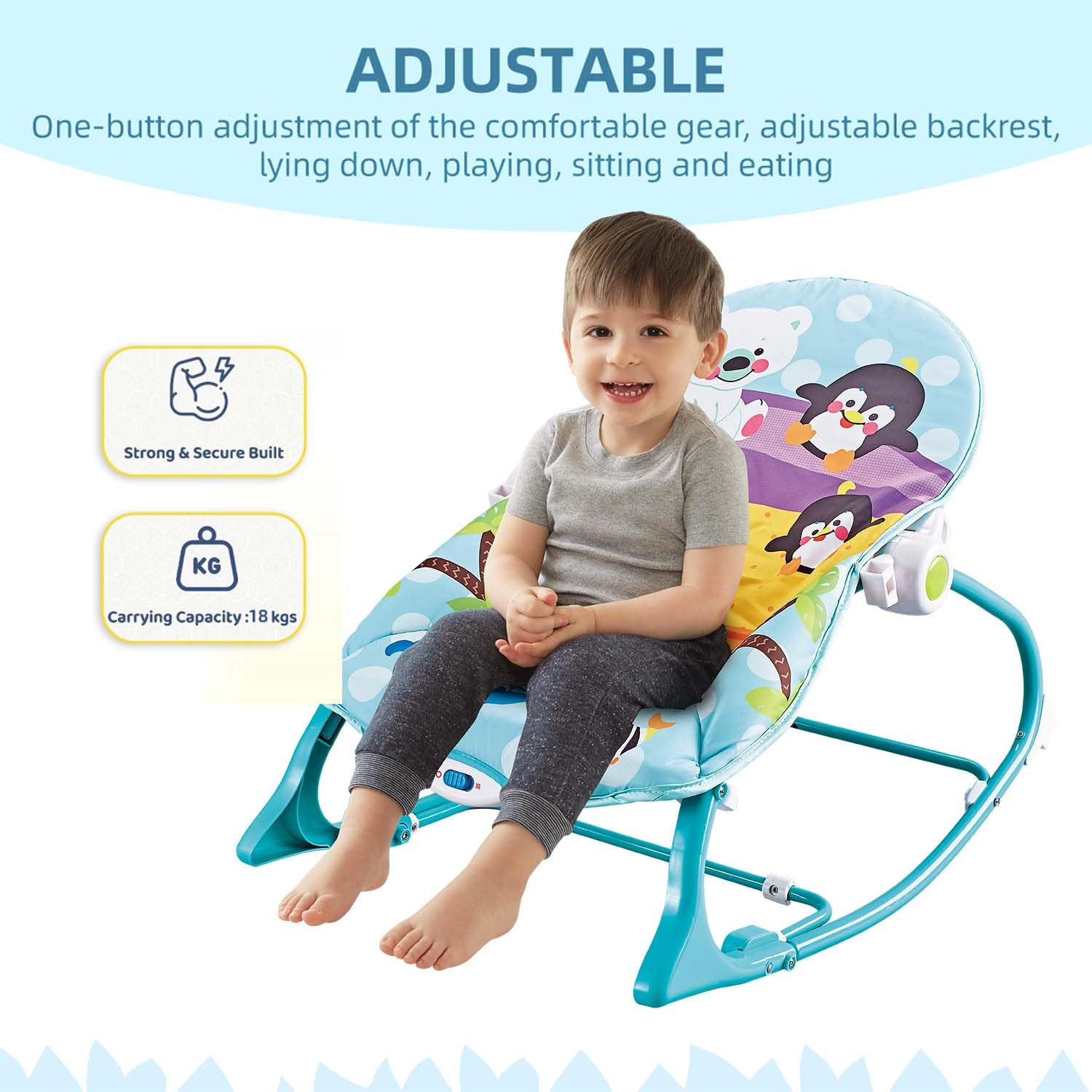 Smile Baby Infant-to-Toddler Rocker | Calming Vibrations, Adjustable Recline, Musical Toy Bar & Deep Cradle Seat – Penguin Theme (Blue)