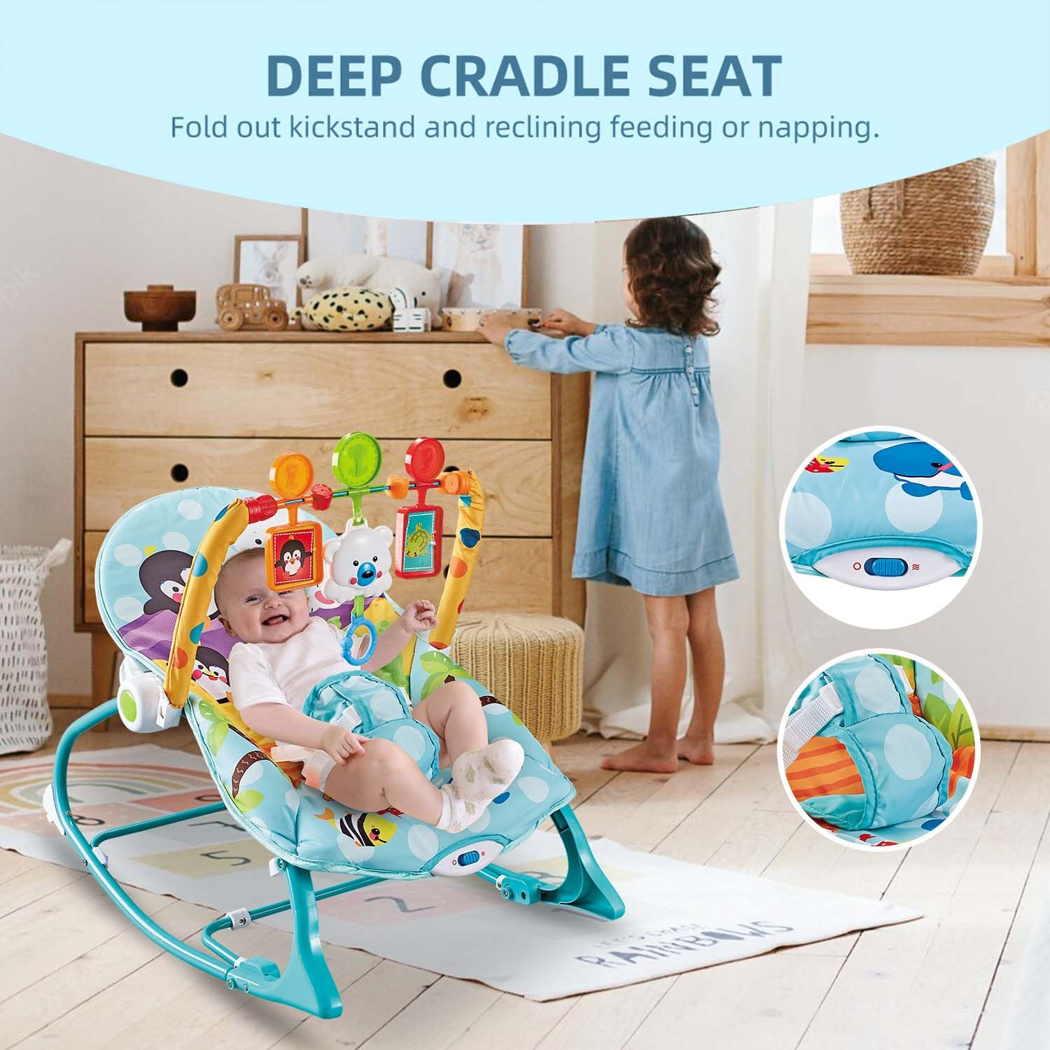 Smile Baby Infant-to-Toddler Rocker | Calming Vibrations, Adjustable Recline, Musical Toy Bar & Deep Cradle Seat – Penguin Theme (Blue)