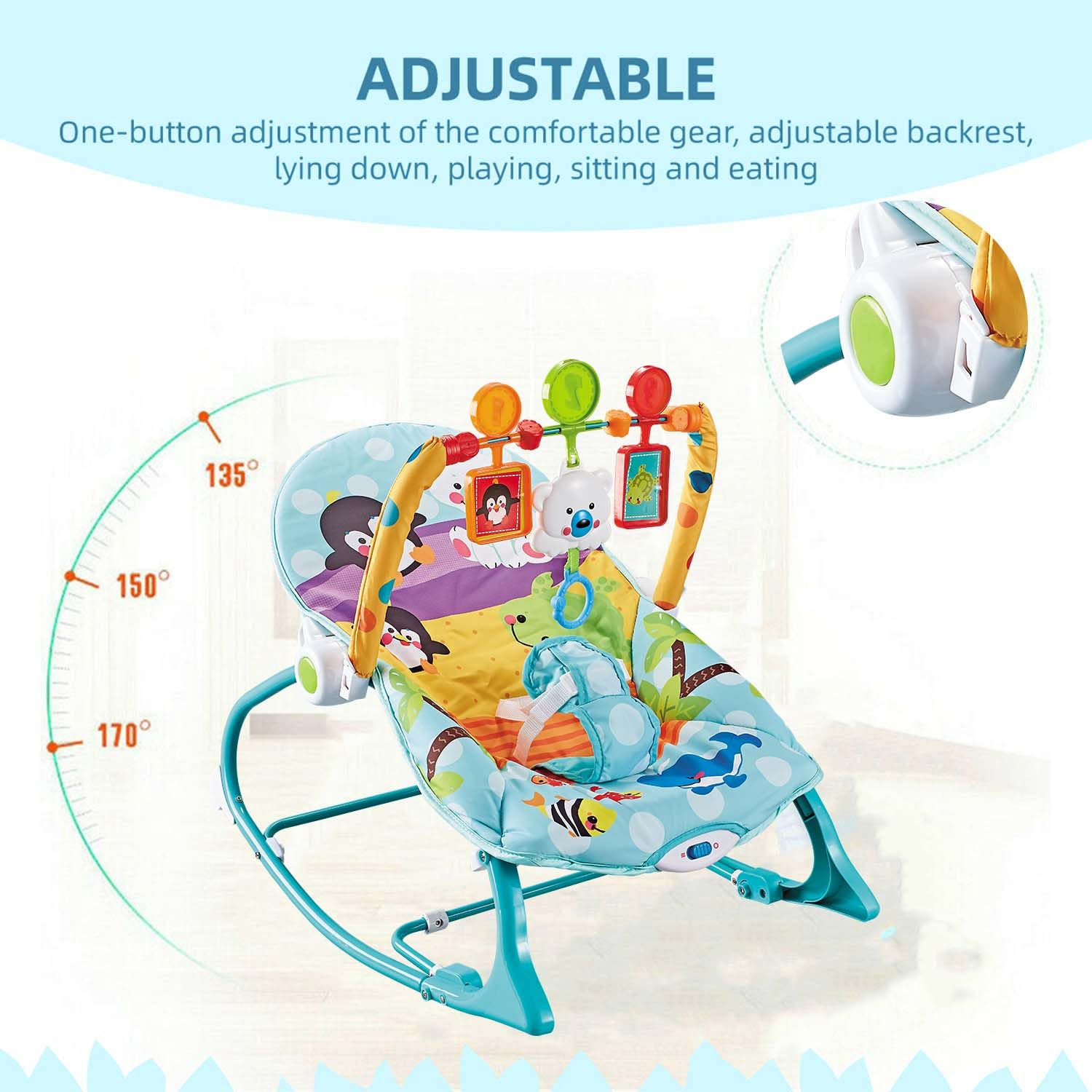 Smile Baby Infant-to-Toddler Rocker | Calming Vibrations, Adjustable Recline, Musical Toy Bar & Deep Cradle Seat – Penguin Theme (Blue)