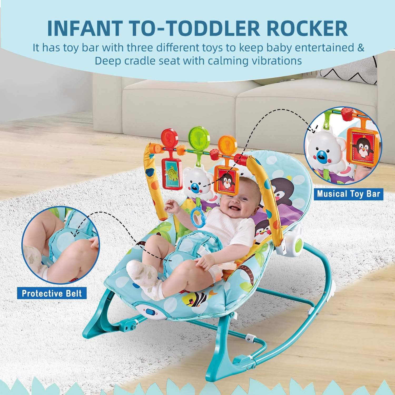 Smile Baby Infant-to-Toddler Rocker | Calming Vibrations, Adjustable Recline, Musical Toy Bar & Deep Cradle Seat – Penguin Theme (Blue)