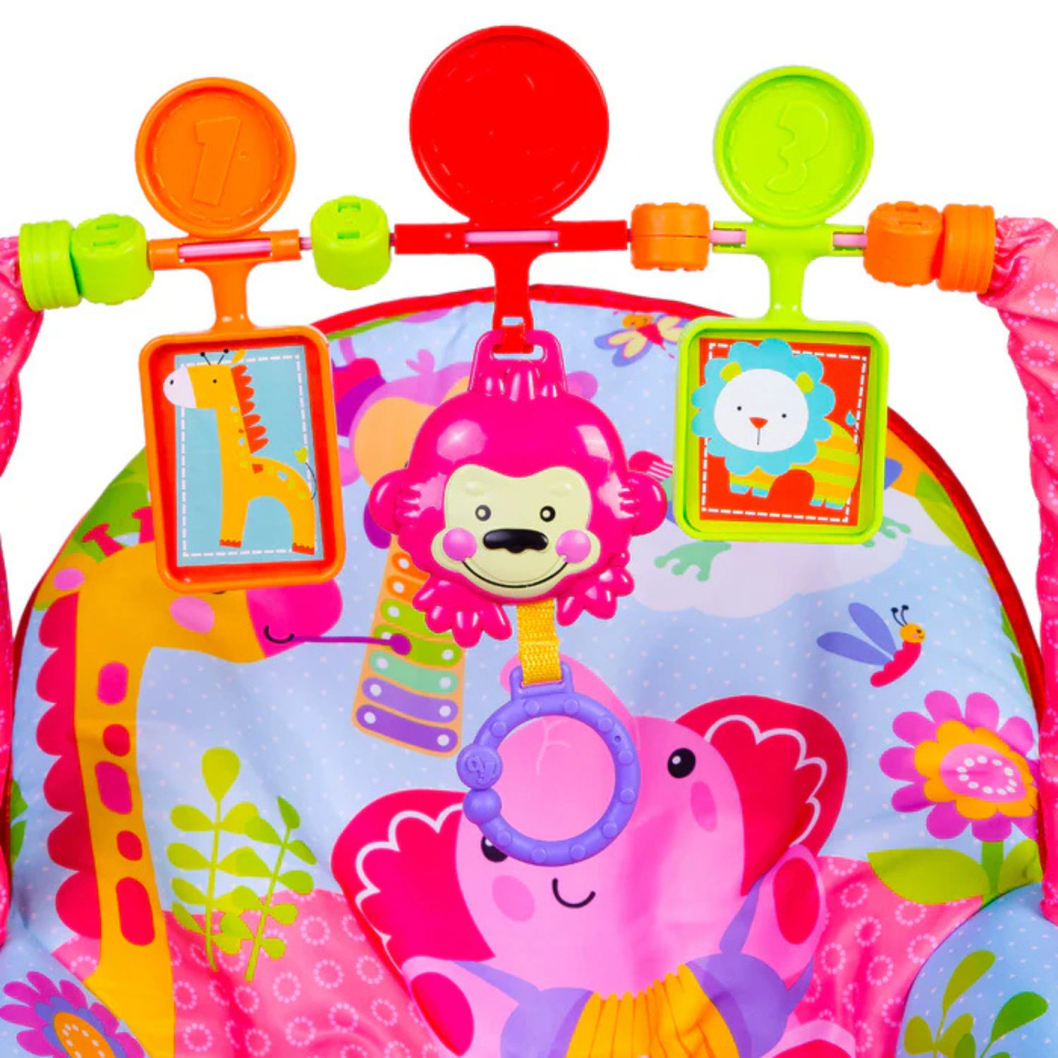 Smile Baby Safari-Themed Baby Rocker & Bouncer | Calming Vibrations, Soft Fabric Seat, Adjustable Recline, Removable Toy Arch & 3-Point Safety Harness – Pink