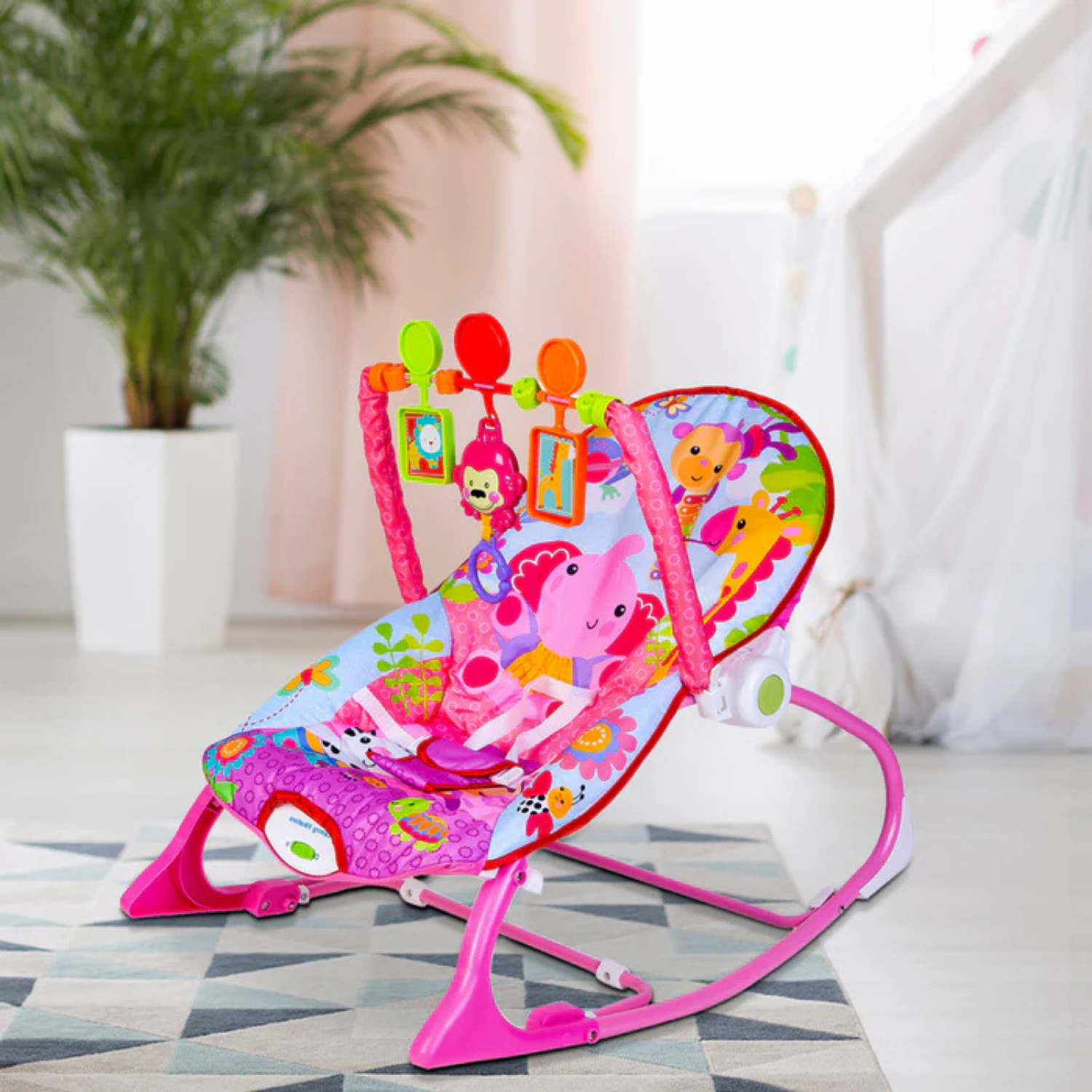 Smile Baby Safari-Themed Baby Rocker & Bouncer | Calming Vibrations, Soft Fabric Seat, Adjustable Recline, Removable Toy Arch & 3-Point Safety Harness – Pink