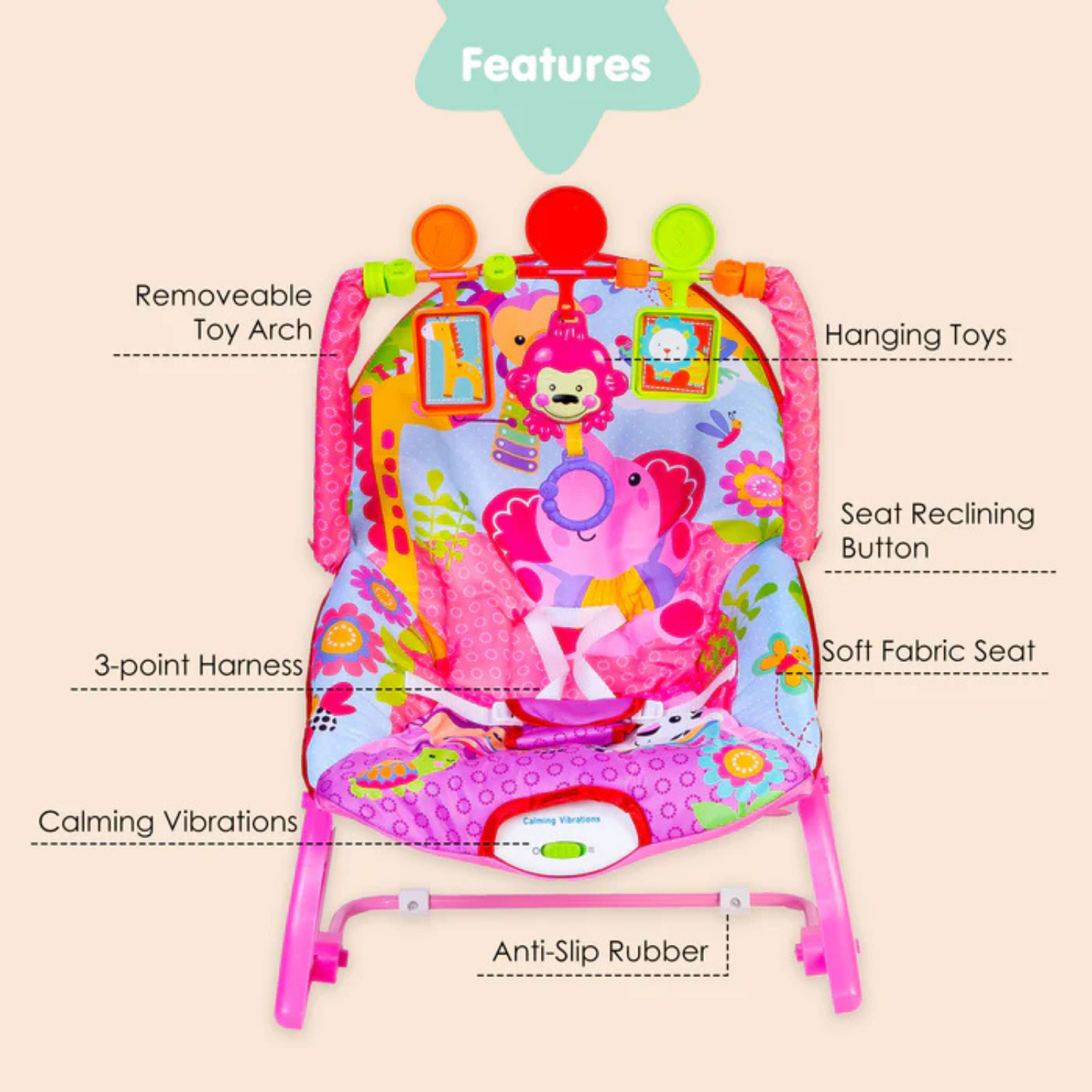 Smile Baby Safari-Themed Baby Rocker & Bouncer | Calming Vibrations, Soft Fabric Seat, Adjustable Recline, Removable Toy Arch & 3-Point Safety Harness – Pink