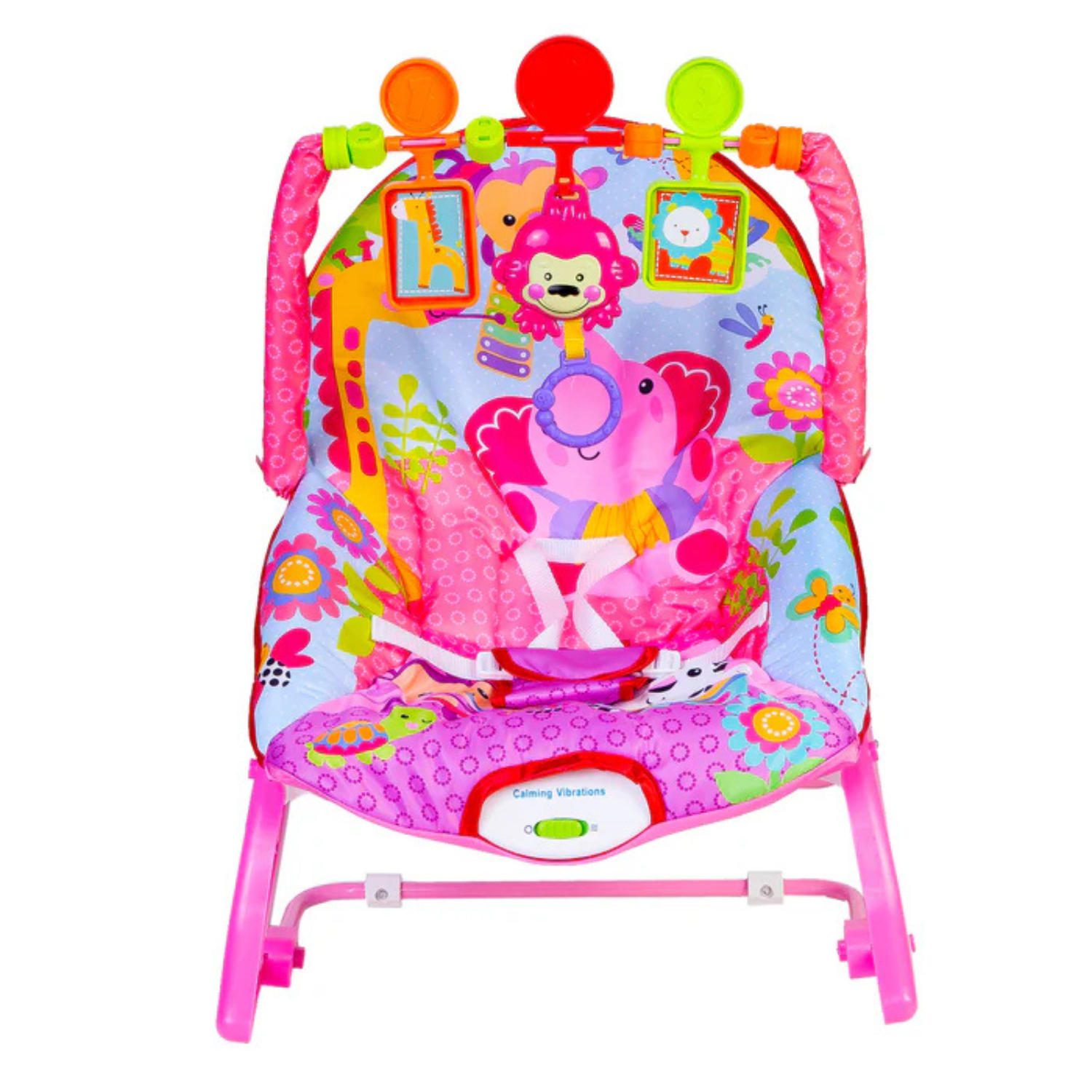 Smile Baby Safari-Themed Baby Rocker & Bouncer | Calming Vibrations, Soft Fabric Seat, Adjustable Recline, Removable Toy Arch & 3-Point Safety Harness – Pink
