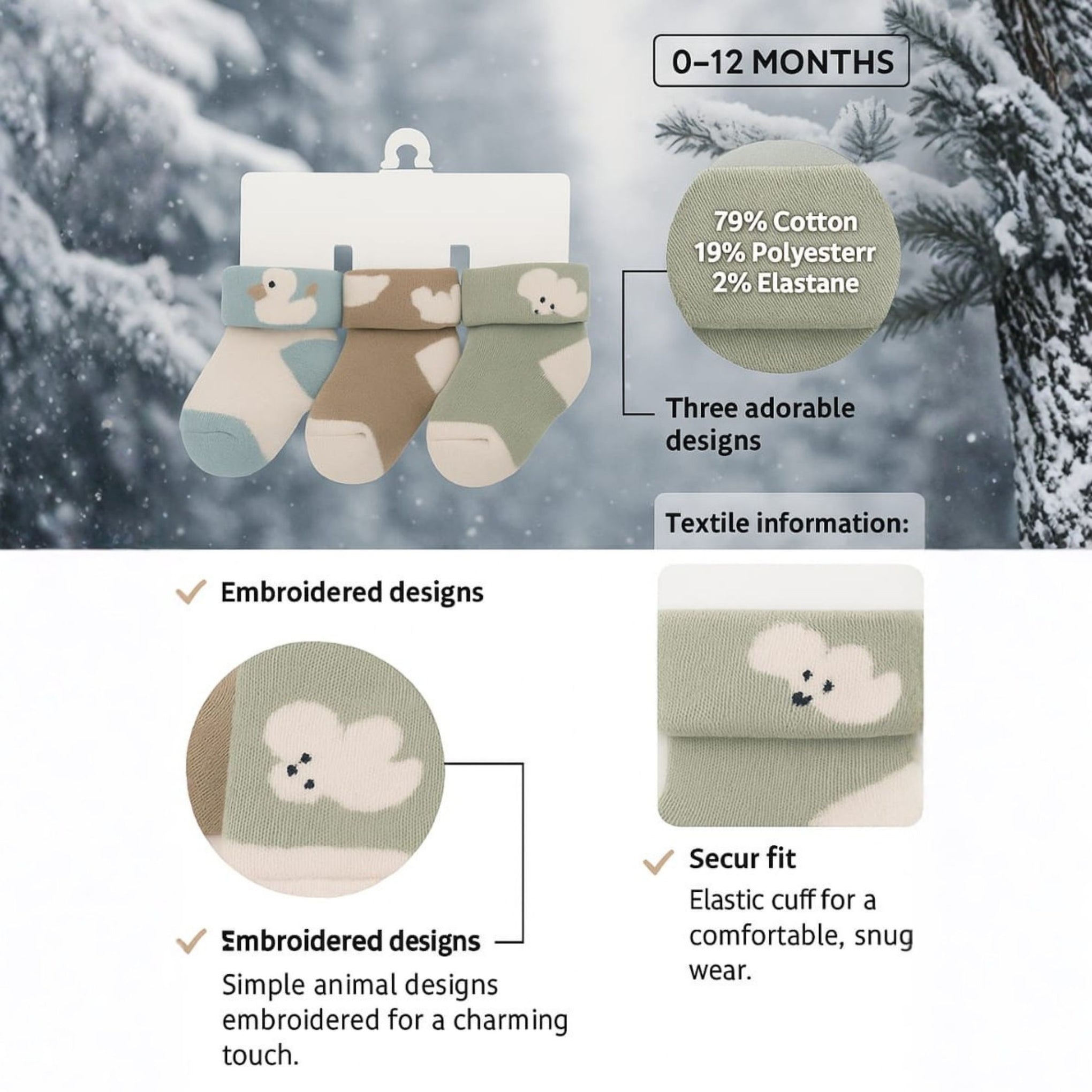 SMILE BABY Soft Winter Baby Socks | Warm Cotton Booties with Cute Animal Patterns | Anti-Slip & Stretchable | Pack of 3 – Blue, Brown & Green | 0-12 m