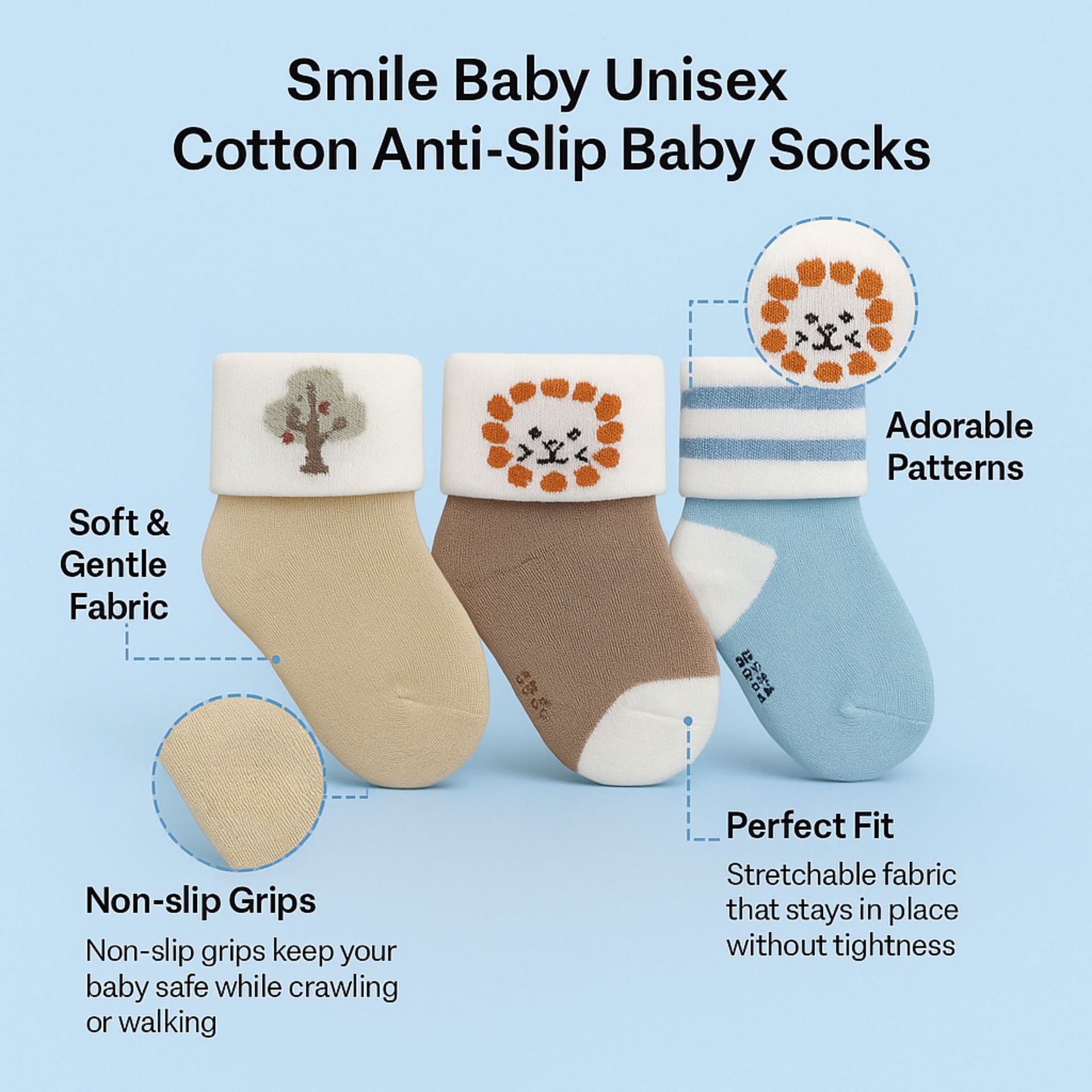 Smile Baby Unisex Cotton Anti-Slip Baby Socks – Soft, Breathable & Stretchable Infant Socks (Pack of 3 – Tree, Lion & Stripe Design) Age 0-12M