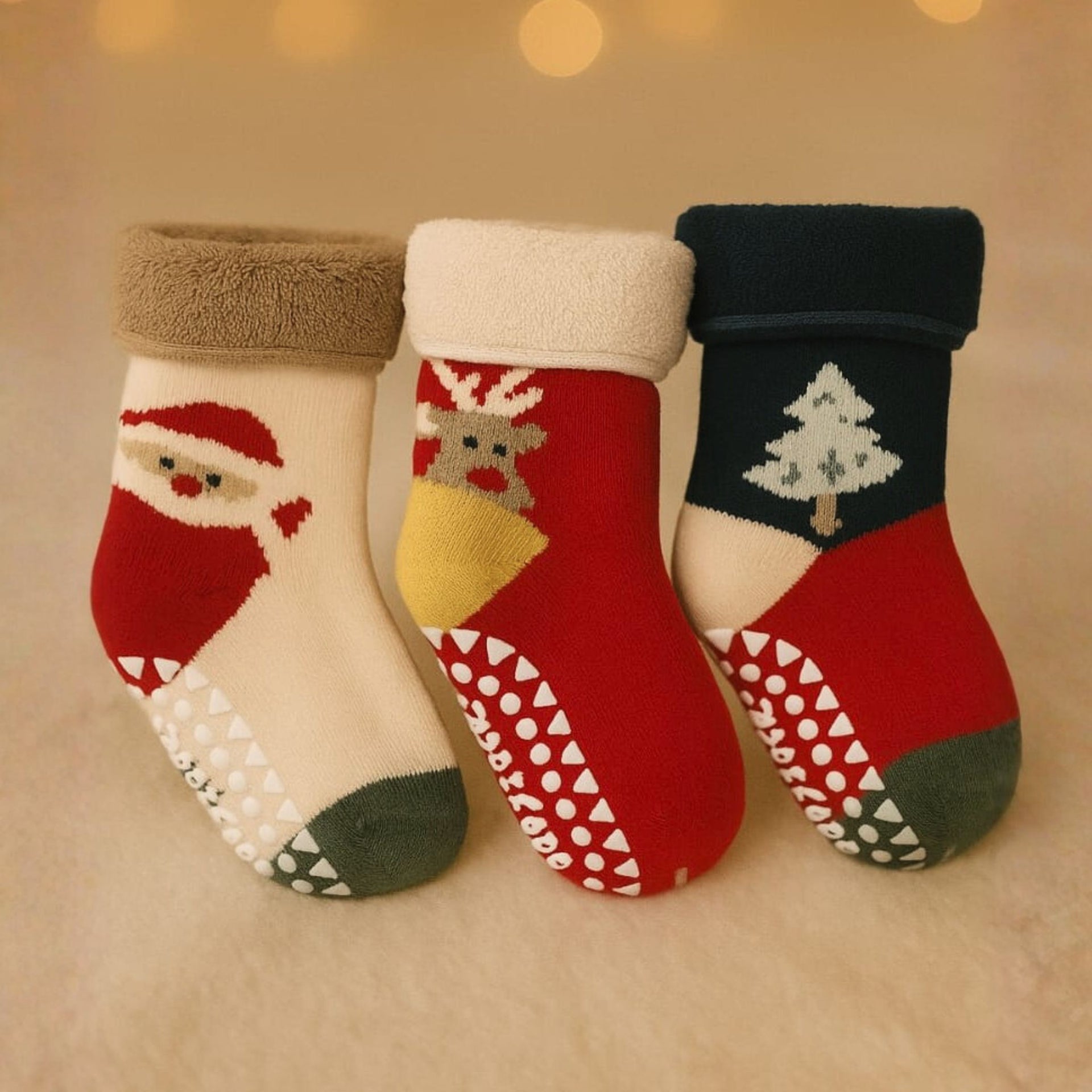 Smile Baby Christmas Theme Anti-Slip Cotton Baby Socks – Warm, Soft & Stretchable Infant Socks (Pack of 3 – Santa, Reindeer & Tree Design) AGE 0-12 M