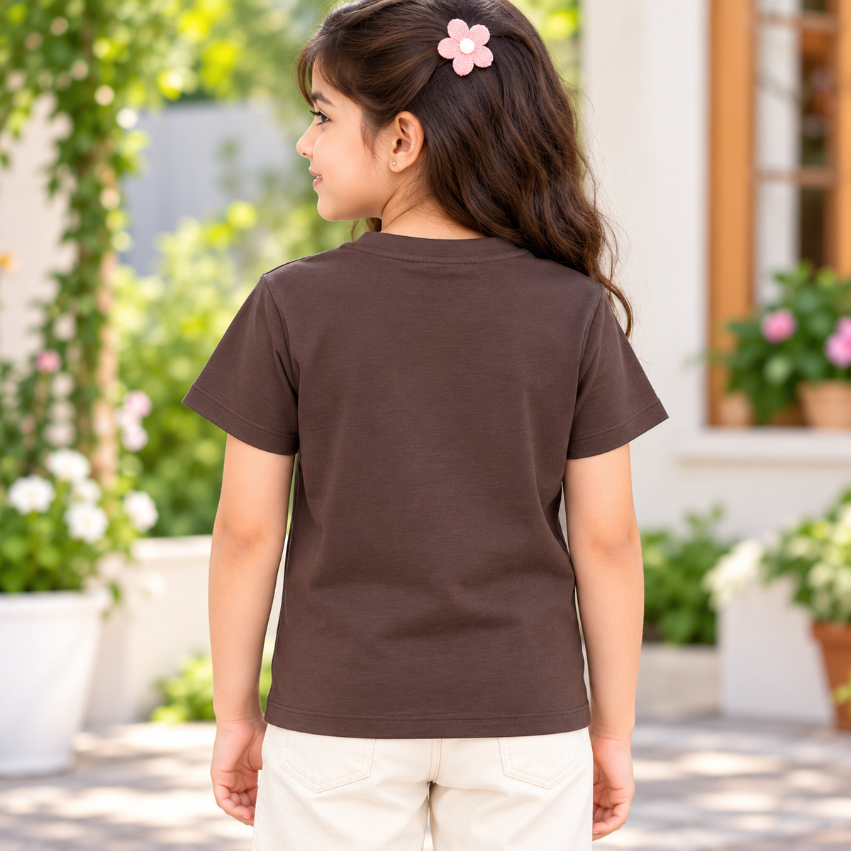 Smile Baby Girls Brown Graphic Embroidered Half Sleeve T-Shirt 