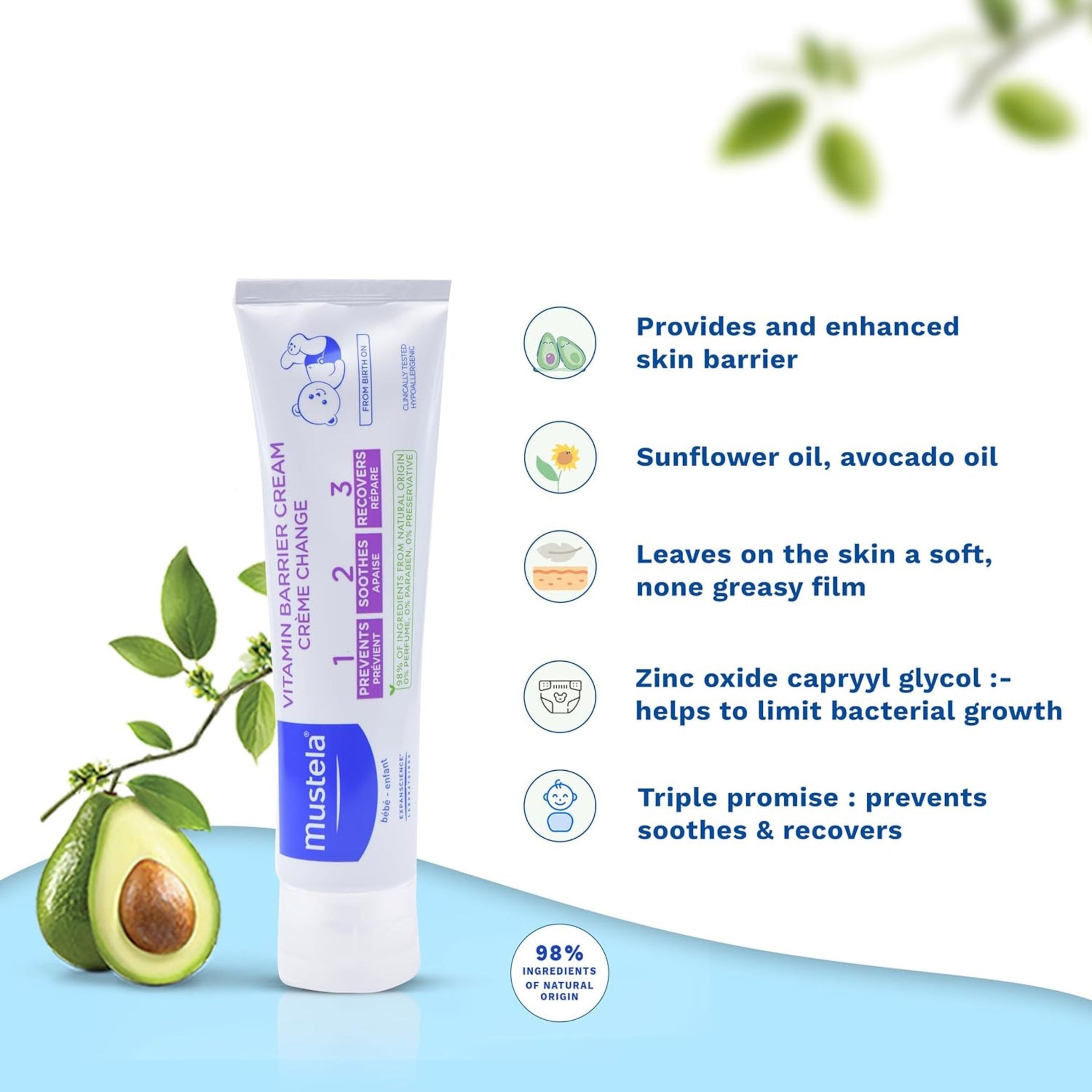 Mustela Vitamin Barrier Cream – Diaper Rash Protection, Soothes & Repairs, 98% Natural Origin