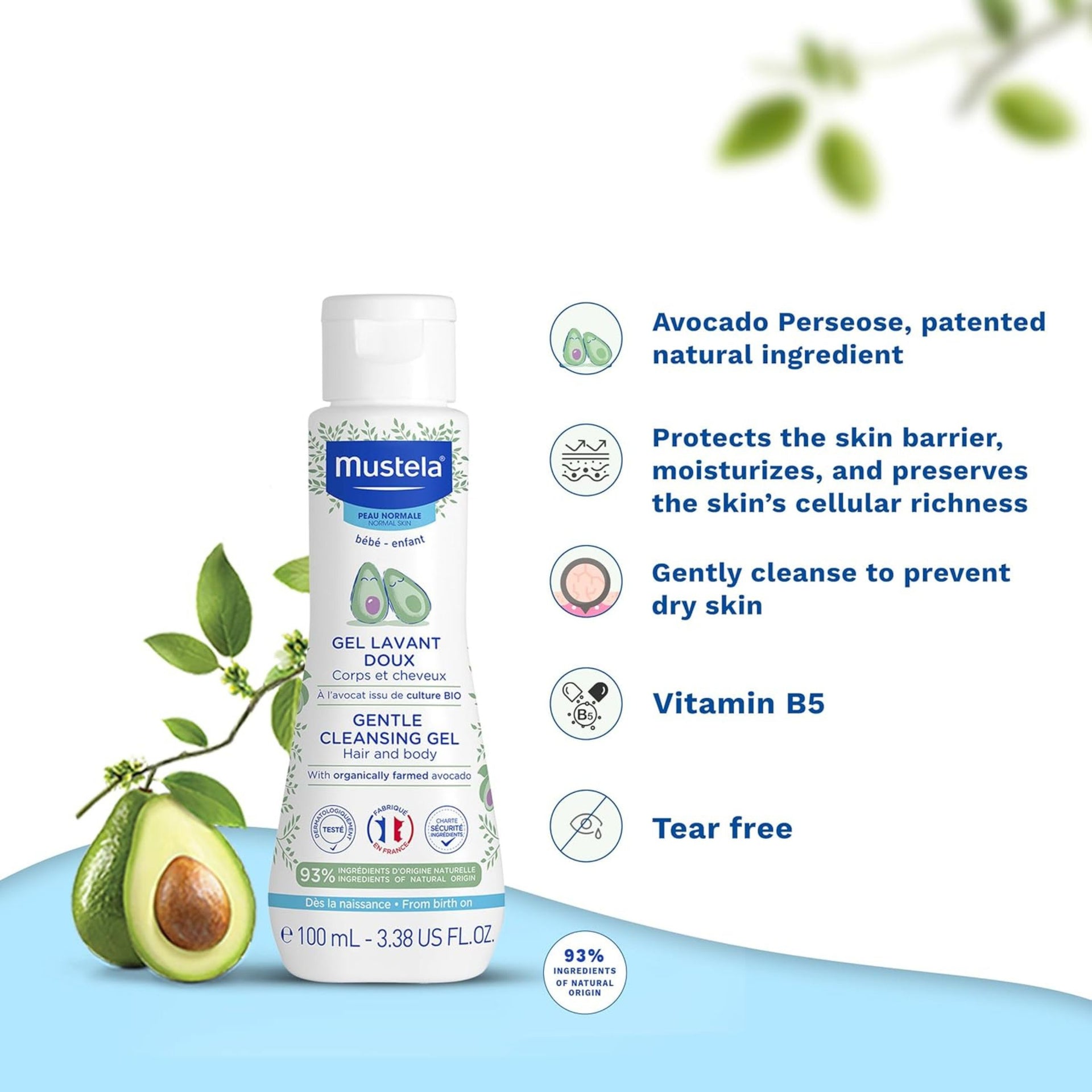 Mustela Gentle Cleansing Gel for Babies – Hair & Body Wash with Avocado, Tear-Free, 93% Natural