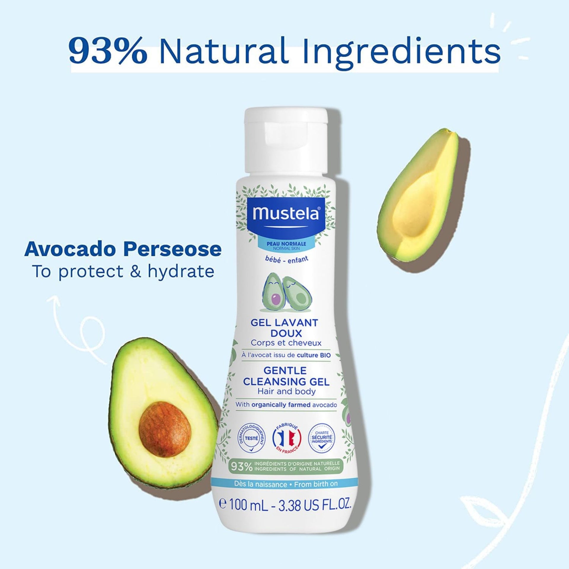Mustela Gentle Cleansing Gel for Babies – Hair & Body Wash with Avocado, Tear-Free, 93% Natural