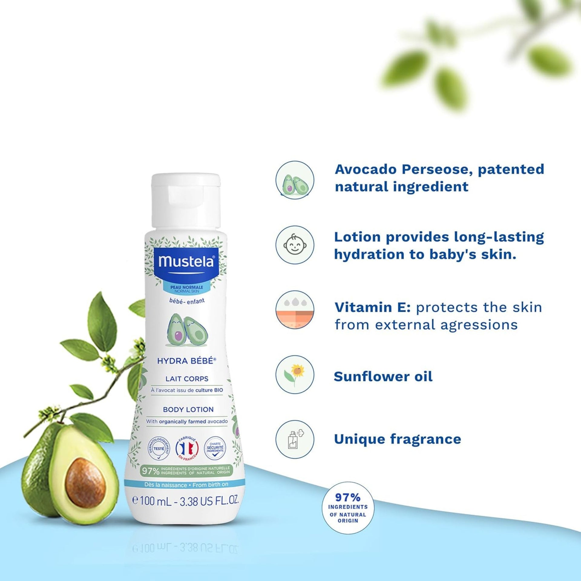 Mustela Hydra Bébé Body Lotion – Baby Moisturizer with Avocado, 97% Natural Ingredients