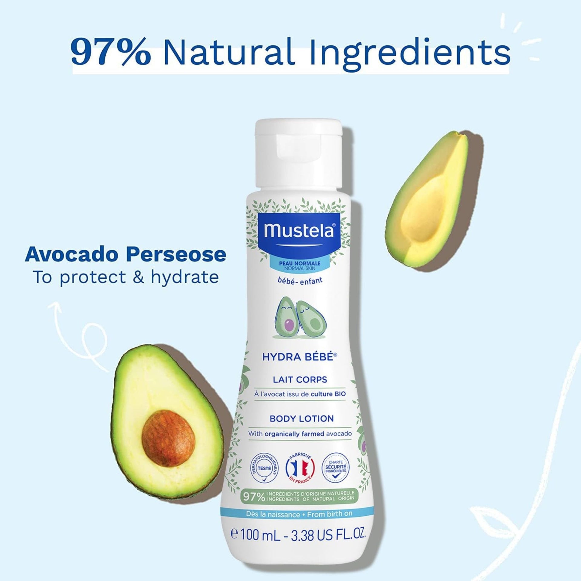 Mustela Hydra Bébé Body Lotion – Baby Moisturizer with Avocado, 97% Natural Ingredients