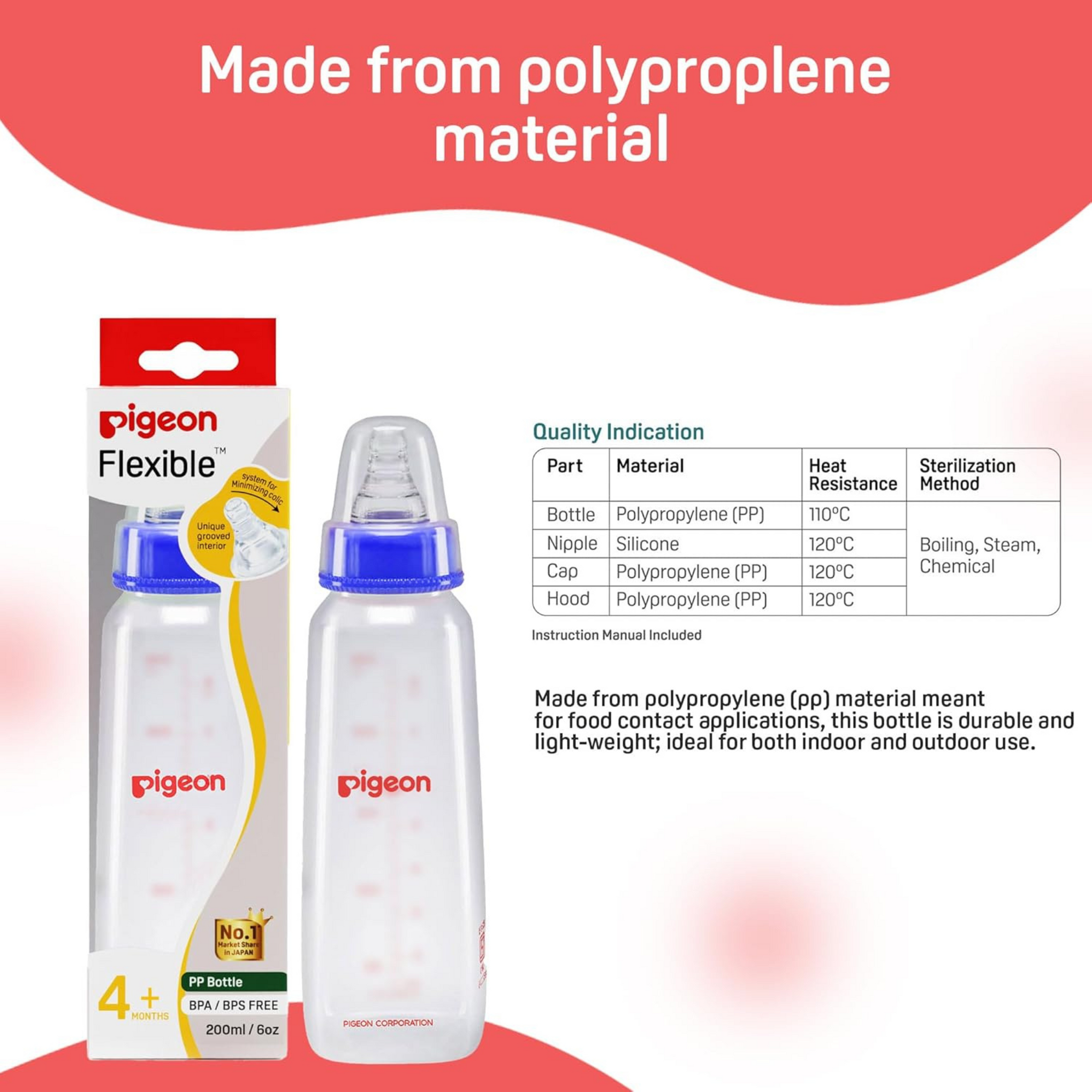 Pigeon Peristaltic Baby Nursing/Feeding Bottle KPP Nipple M,For 4+ Month Babies,BPA Free,BPS Free,200 ml