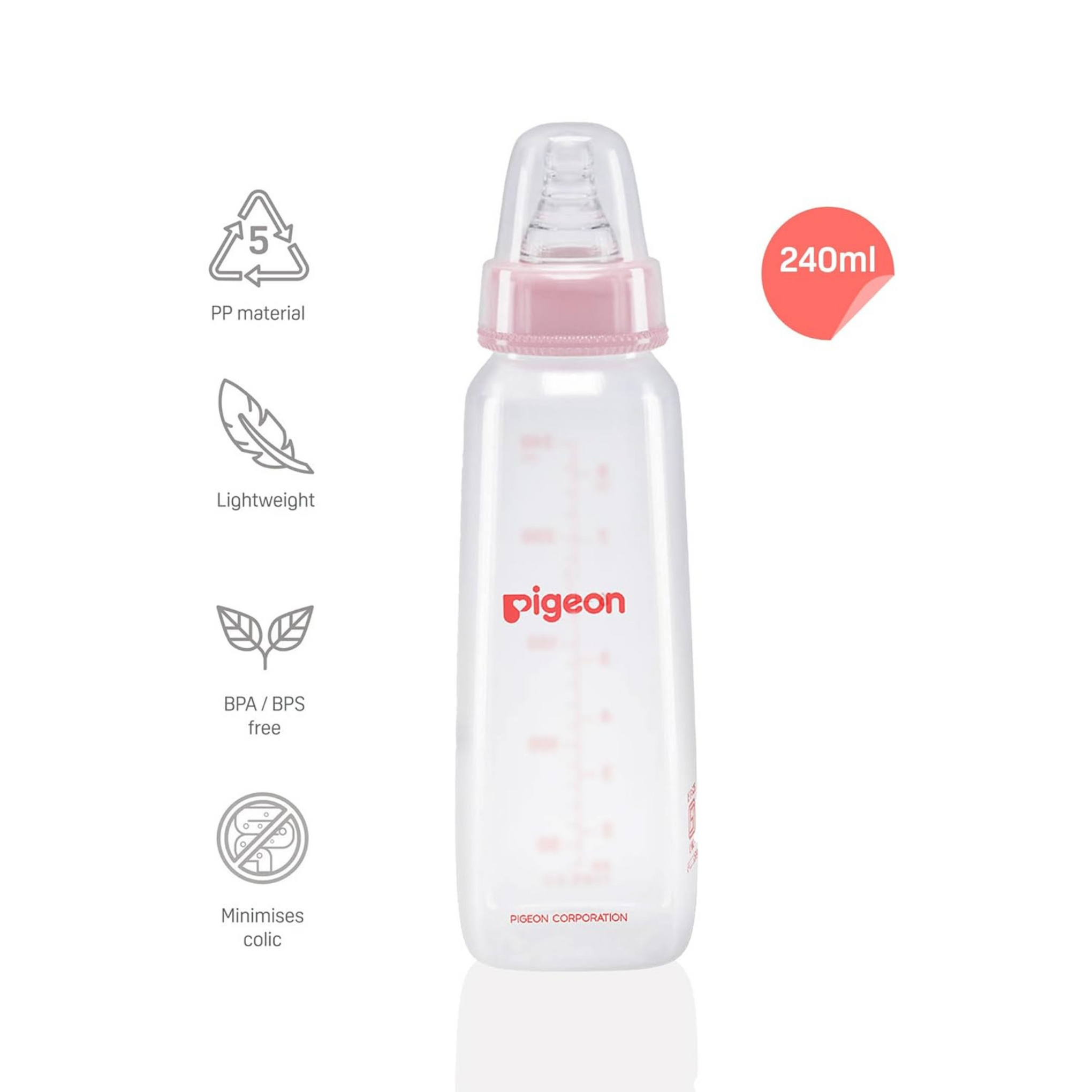 Pigeon Peristaltic Baby Nursing/Feeding Bottle KPP Nipple M,For 4+ Month Babies,BPA Free,BPS Free,Square Base,240 ml