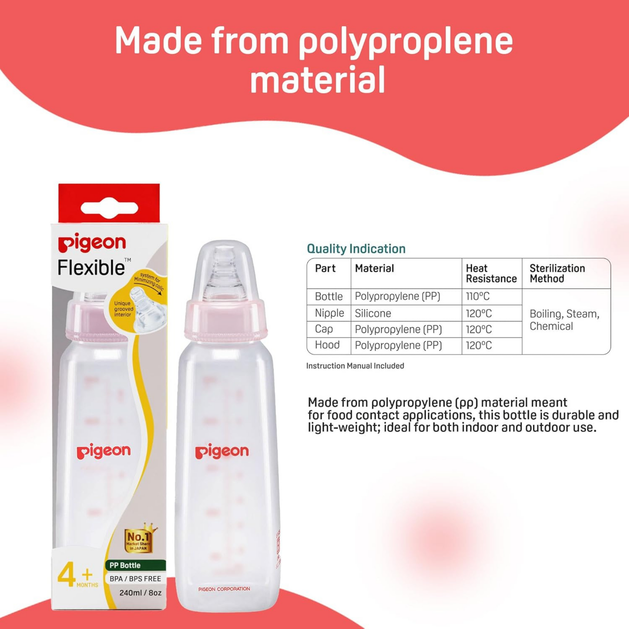 Pigeon Peristaltic Baby Nursing/Feeding Bottle KPP Nipple M,For 4+ Month Babies,BPA Free,BPS Free,Square Base,240 ml