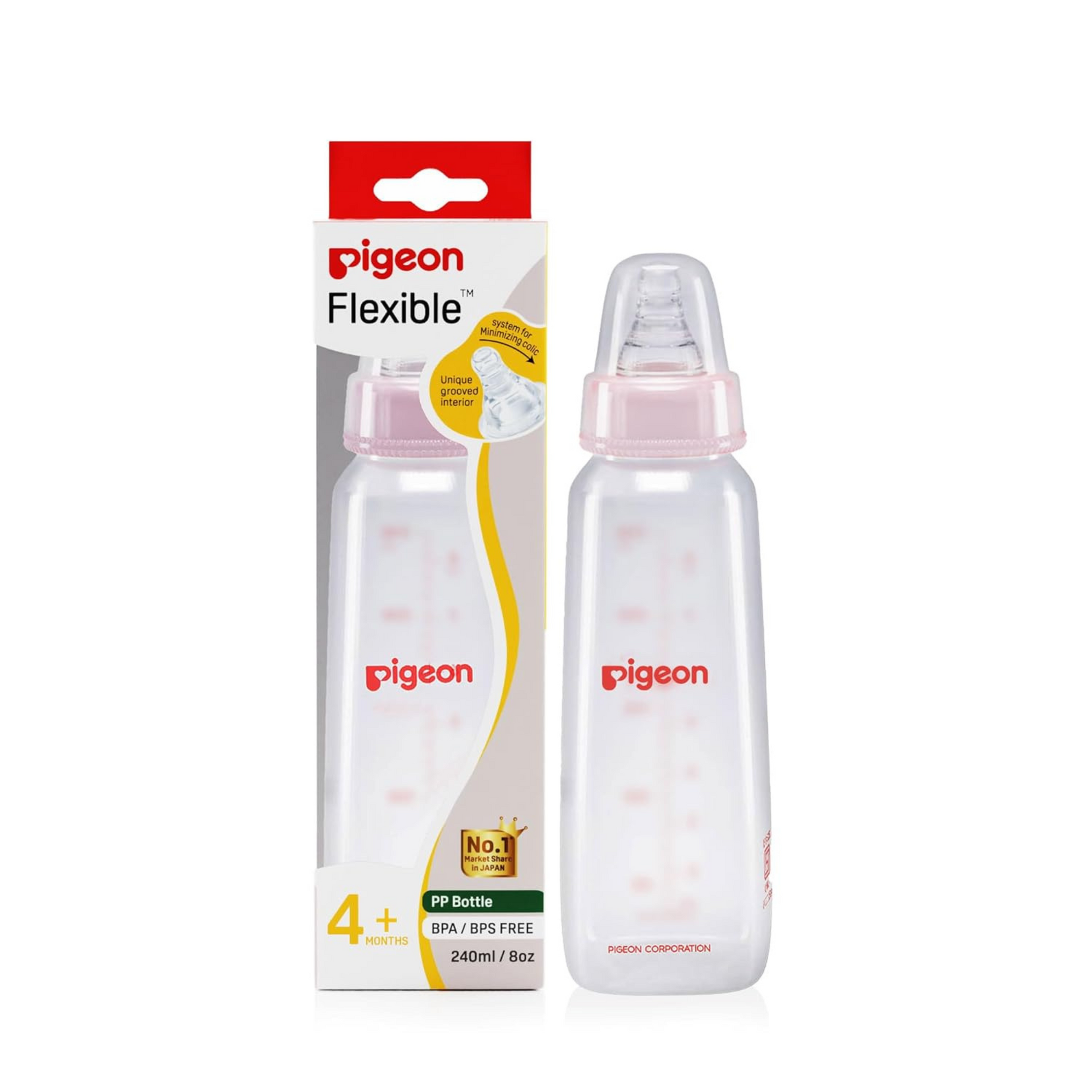 Pigeon Peristaltic Baby Nursing/Feeding Bottle KPP Nipple M,For 4+ Month Babies,BPA Free,BPS Free,Square Base,240 ml