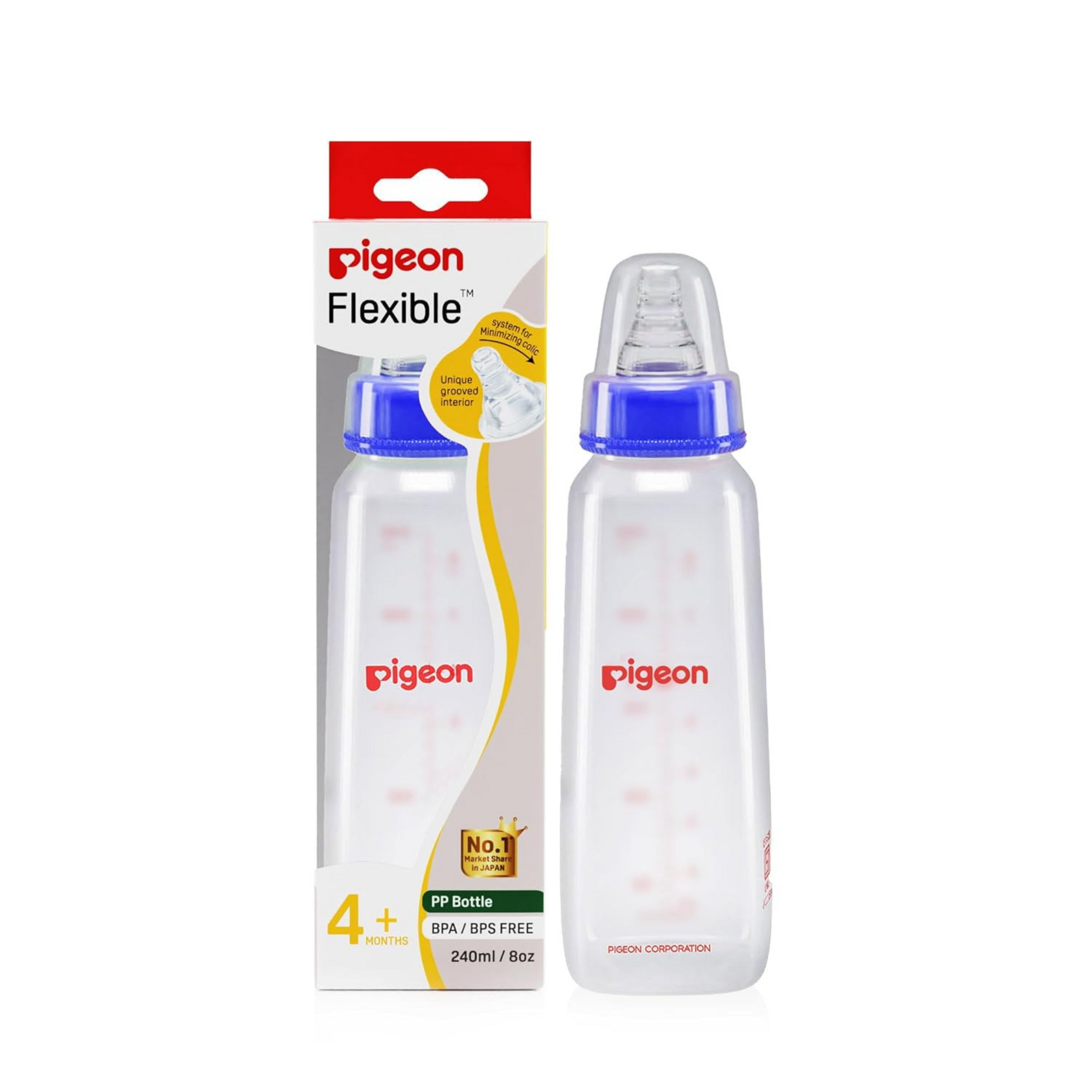 Pigeon Peristaltic Baby Nursing/Feeding Bottle KPP Nipple M,For 4+ Month Babies,BPA Free,BPS Free,Square Base,240 ml