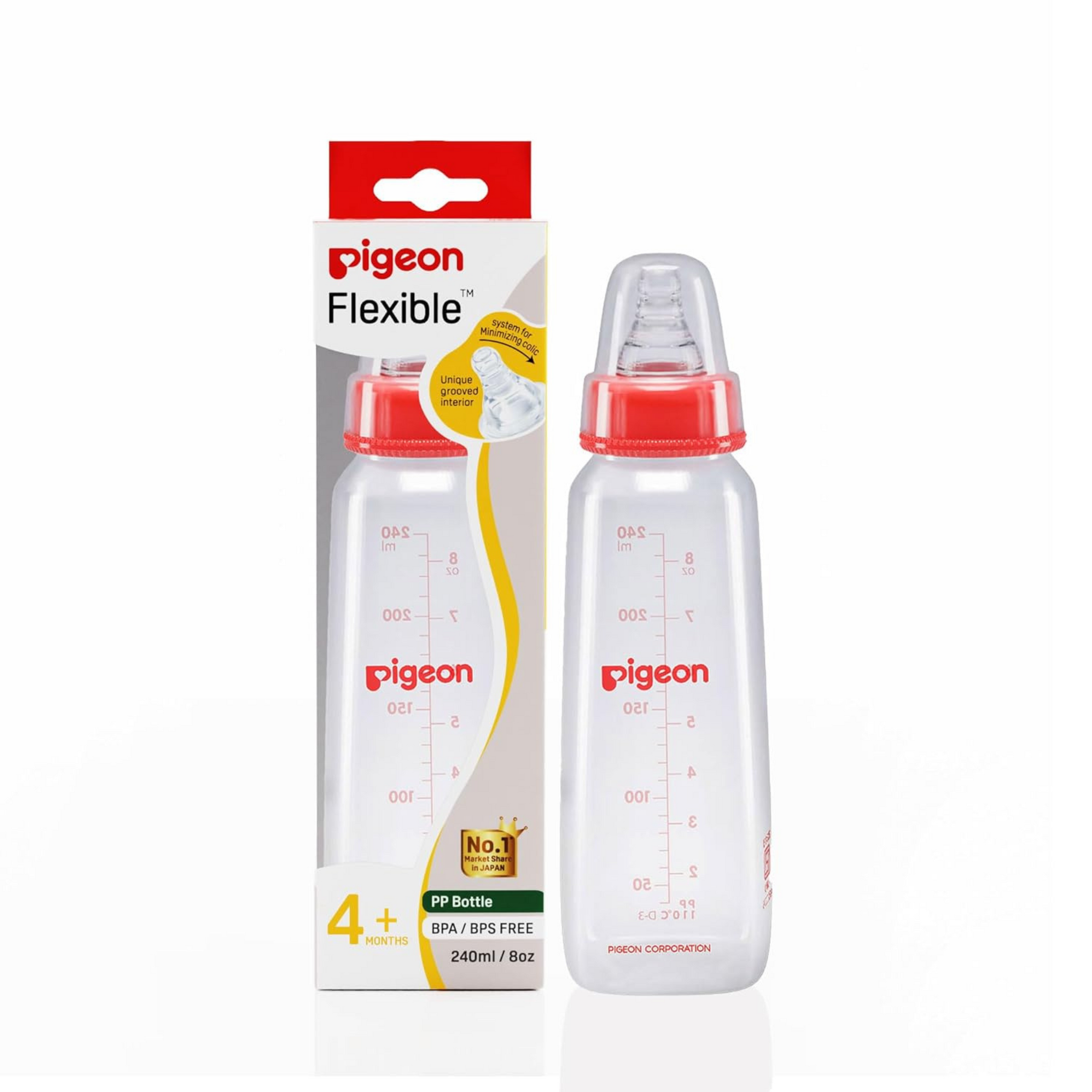 Pigeon Peristaltic Baby Nursing/Feeding Bottle KPP Nipple M,For 4+ Month Babies,BPA Free,BPS Free,Square Base,240 ml