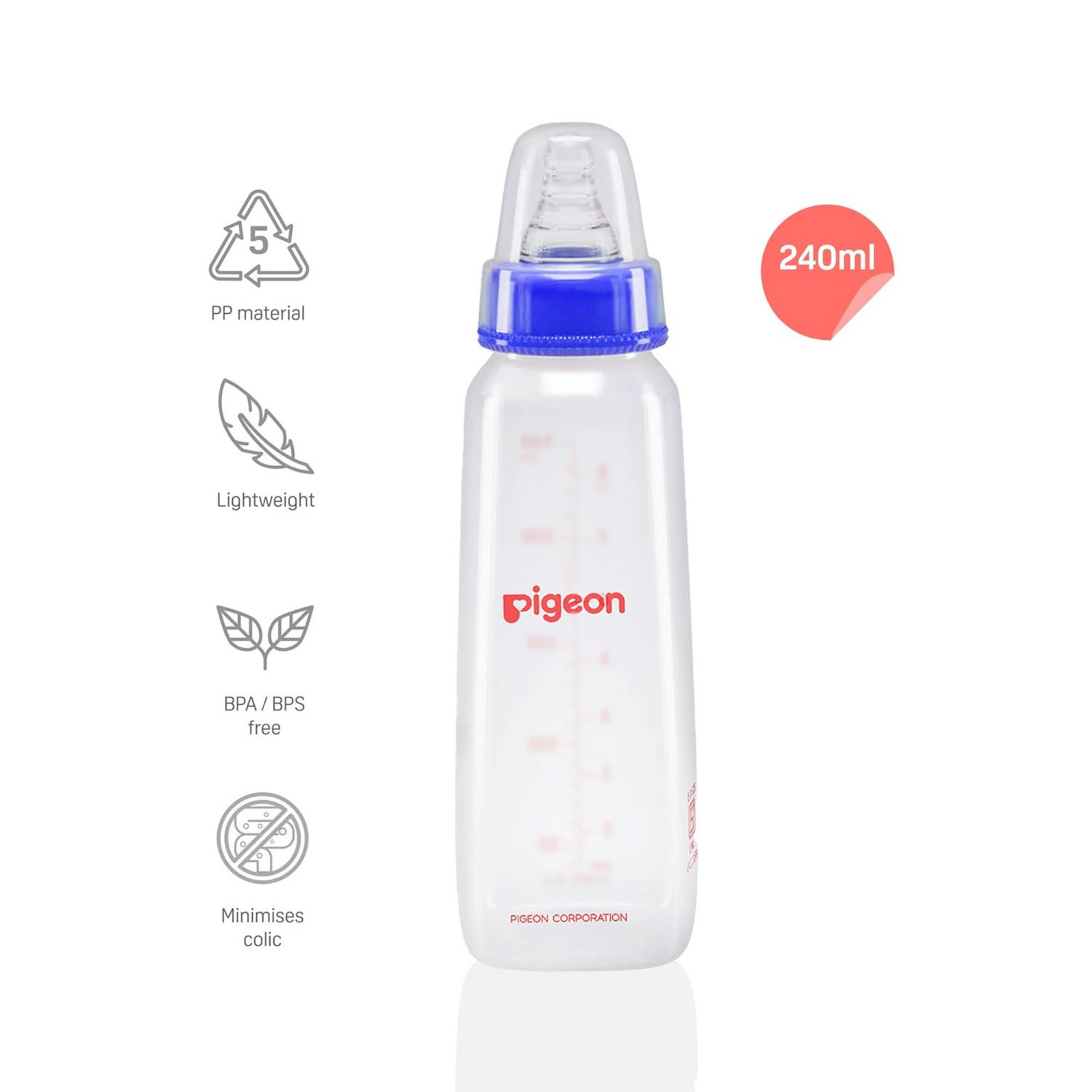 Pigeon Peristaltic Baby Nursing/Feeding Bottle KPP Nipple LL,for 12+ Month Babies,BPA Free,BPS Free,Square Base,240 ml