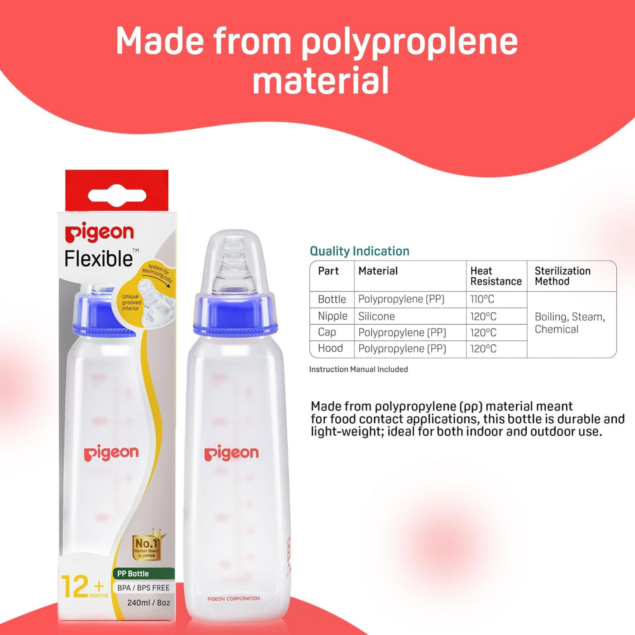 Pigeon Peristaltic Baby Nursing/Feeding Bottle KPP Nipple LL,for 12+ Month Babies,BPA Free,BPS Free,Square Base,240 ml