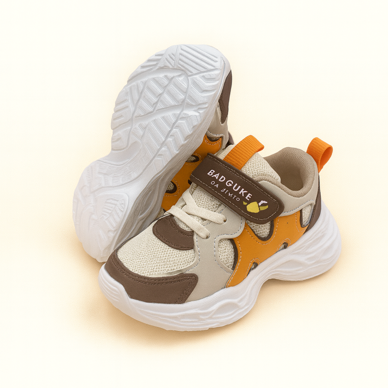 Smile Baby Boys Beige LED Light-Up Sneakers – Breathable Mesh & PU Sports Shoes with Hook & Loop Strap (18 Months – 4.5 Years)