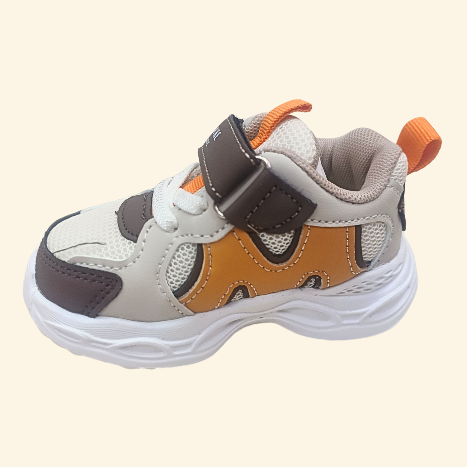Smile Baby Boys Beige LED Light-Up Sneakers – Breathable Mesh & PU Sports Shoes with Hook & Loop Strap (18 Months – 4.5 Years)