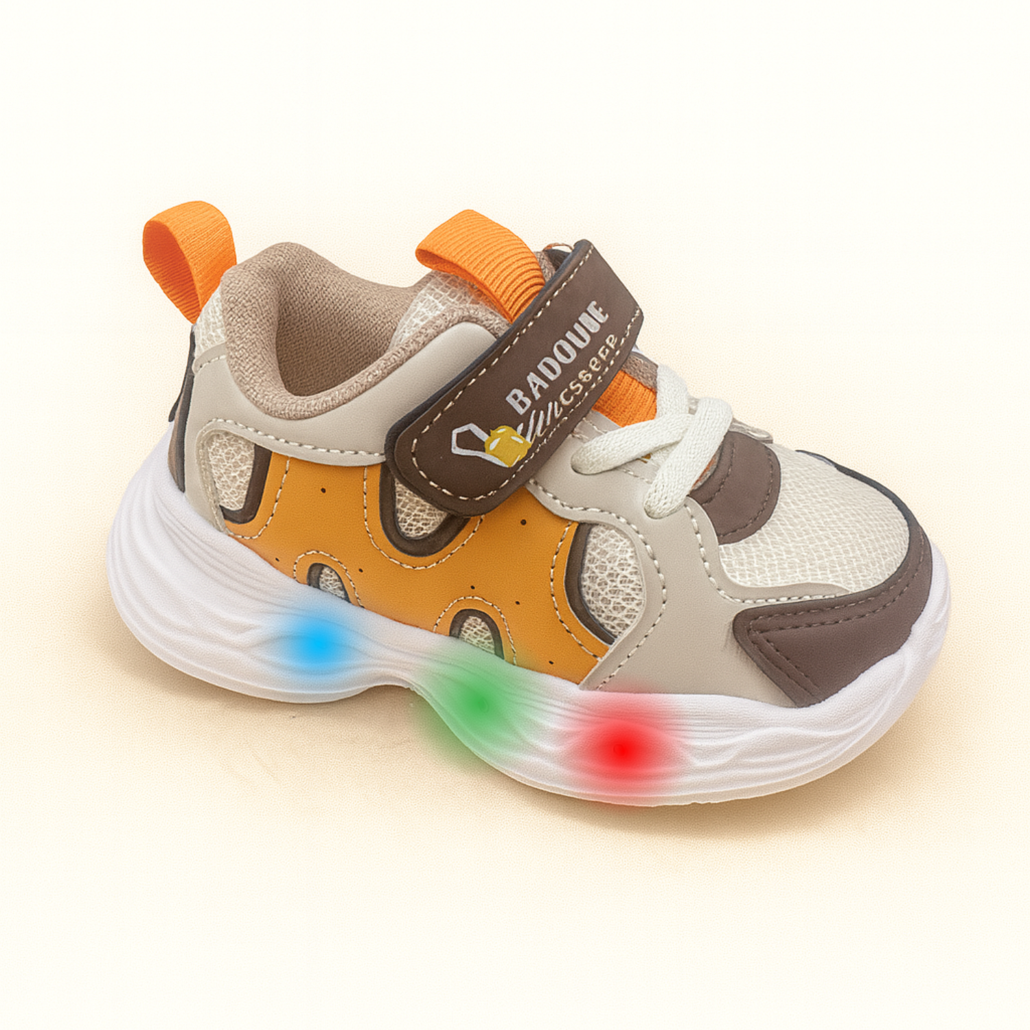 Smile Baby Boys Beige LED Light-Up Sneakers – Breathable Mesh & PU Sports Shoes with Hook & Loop Strap (18 Months – 4.5 Years)