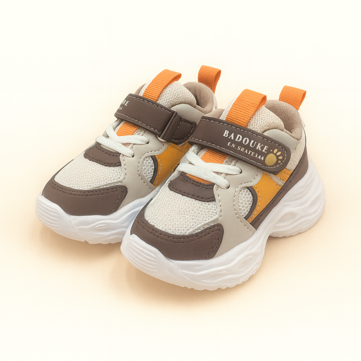 Smile Baby Boys Beige LED Light-Up Sneakers – Breathable Mesh & PU Sports Shoes with Hook & Loop Strap (18 Months – 4.5 Years)