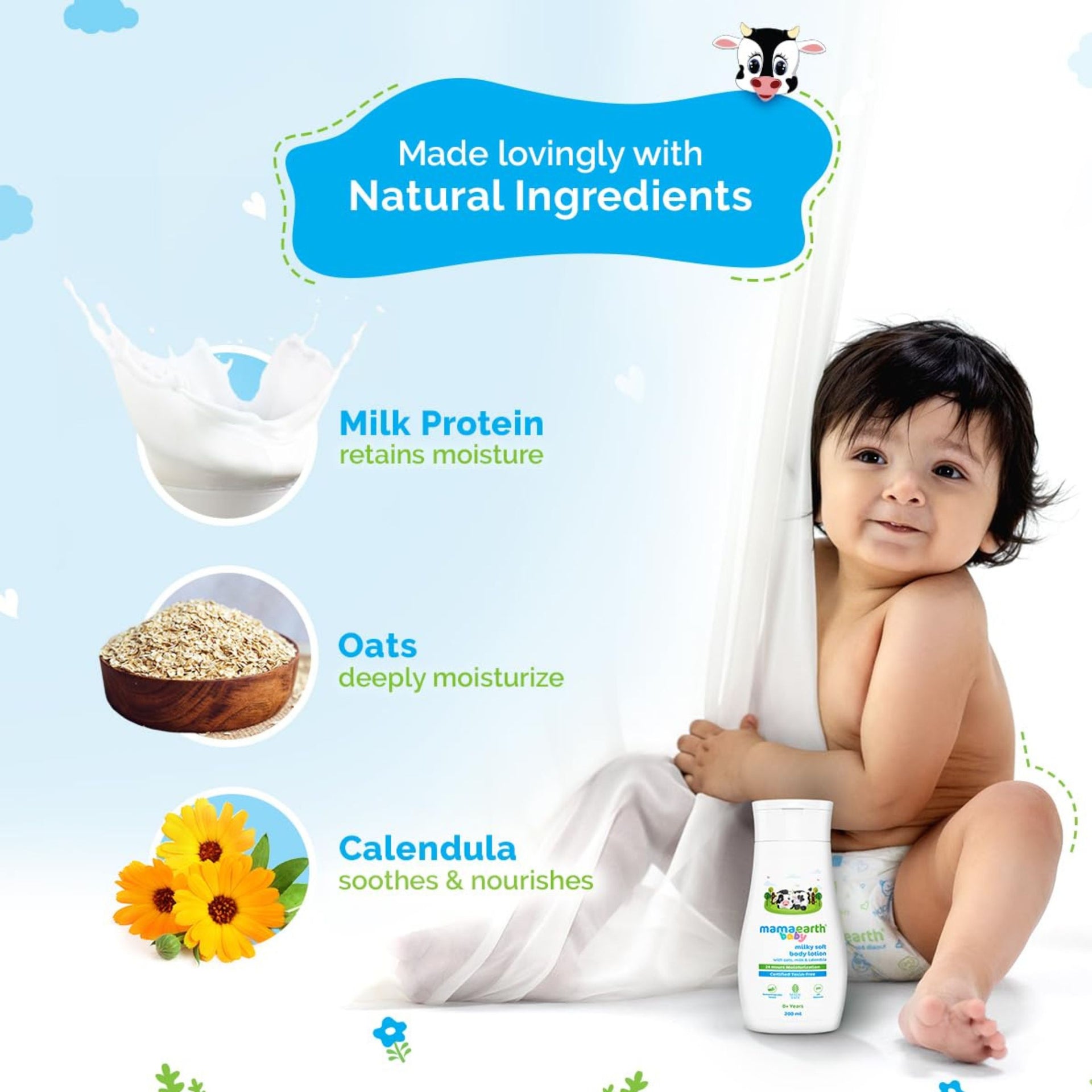 Mamaearth Baby Milky Soft Body Lotion with Oats, Milk & Calendula | 24-Hour Moisturization | Toxin-Free & pH Balanced | For Newborns & Babies (0+ Years) | 200 ml