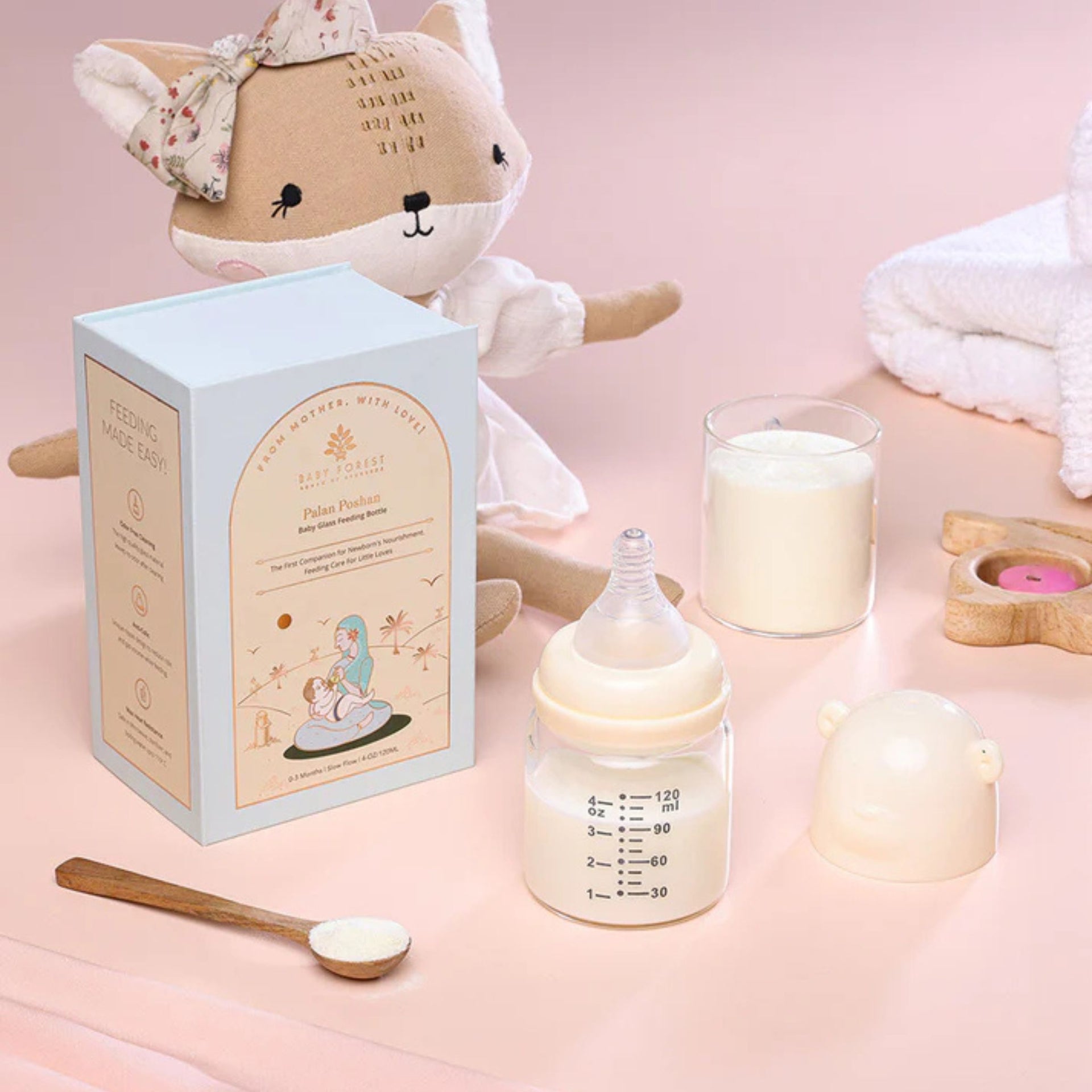 Baby Forest Palan Poshan Baby Glass Feeding Bottle | Borosilicate Glass Bottle with Anti-Colic Silicone Nipple | Heat-Resistant, BPA-Free | 120 ml (0–3 Months)