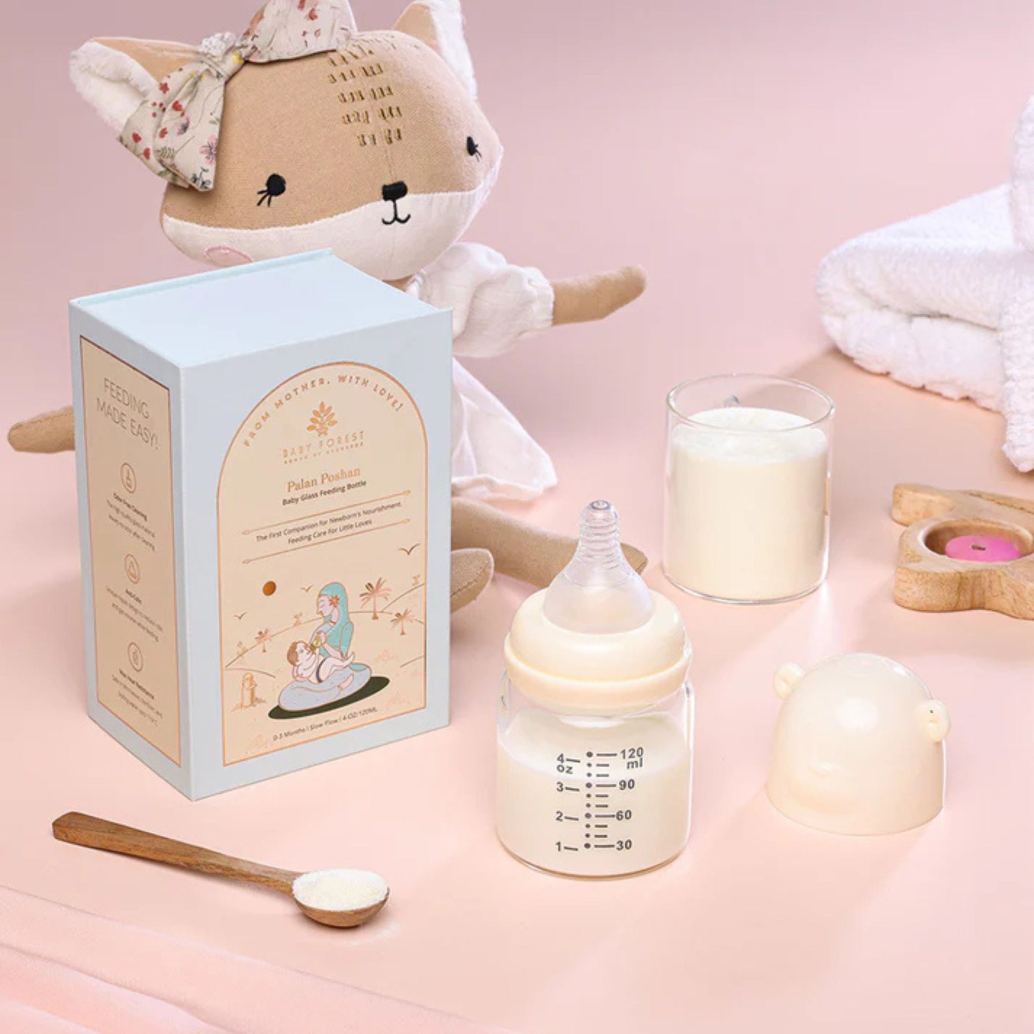 Baby Forest Palan Poshan Baby Glass Feeding Bottle | Borosilicate Glass Bottle with Anti-Colic Silicone Nipple | Heat-Resistant, BPA-Free | 120 ml (0–3 Months)