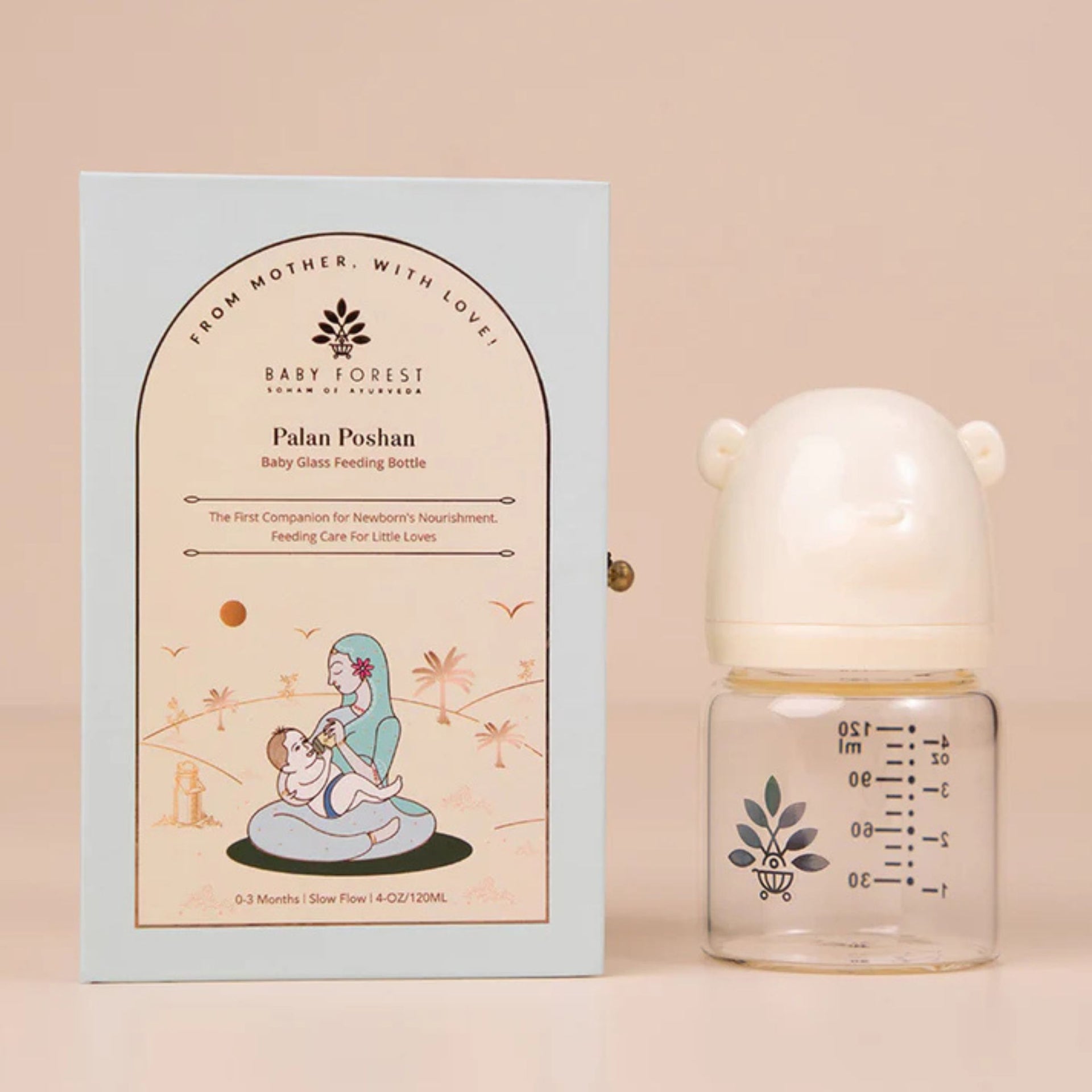 Baby Forest Palan Poshan Baby Glass Feeding Bottle | Borosilicate Glass Bottle with Anti-Colic Silicone Nipple | Heat-Resistant, BPA-Free | 120 ml (0–3 Months)