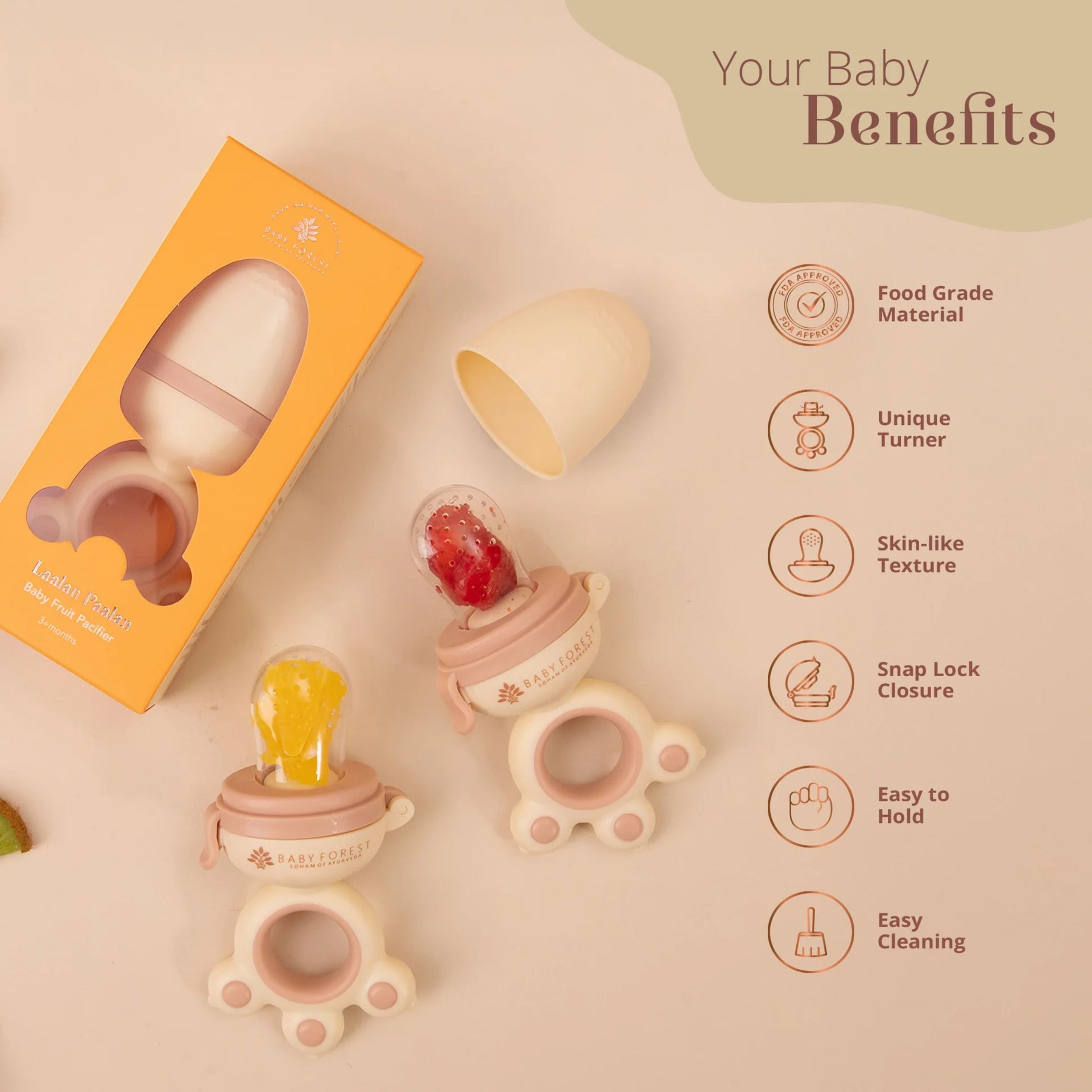 Baby Forest Laalan Paalan Baby Fruit Pacifier | Food-Grade Silicone Fruit Feeder for Babies | Easy-Grip, Safe & Gentle | 3+ Months