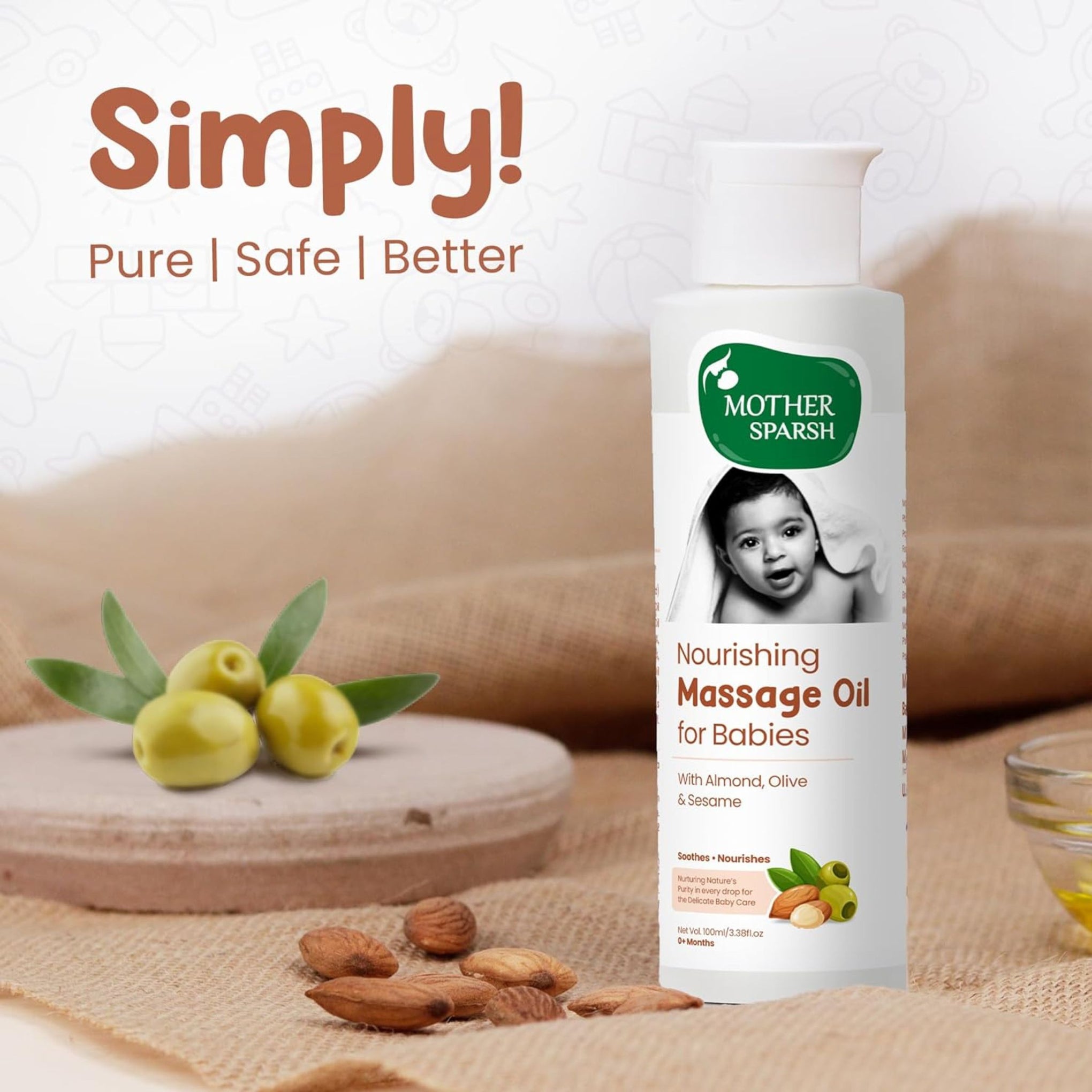 Mother Sparsh Nourishing Massage Oil for Babies with Almond, Olive & Sesame Oil | Quick Absorbing, Non-Sticky | Strengthens Bones & Muscles | 0+ Months