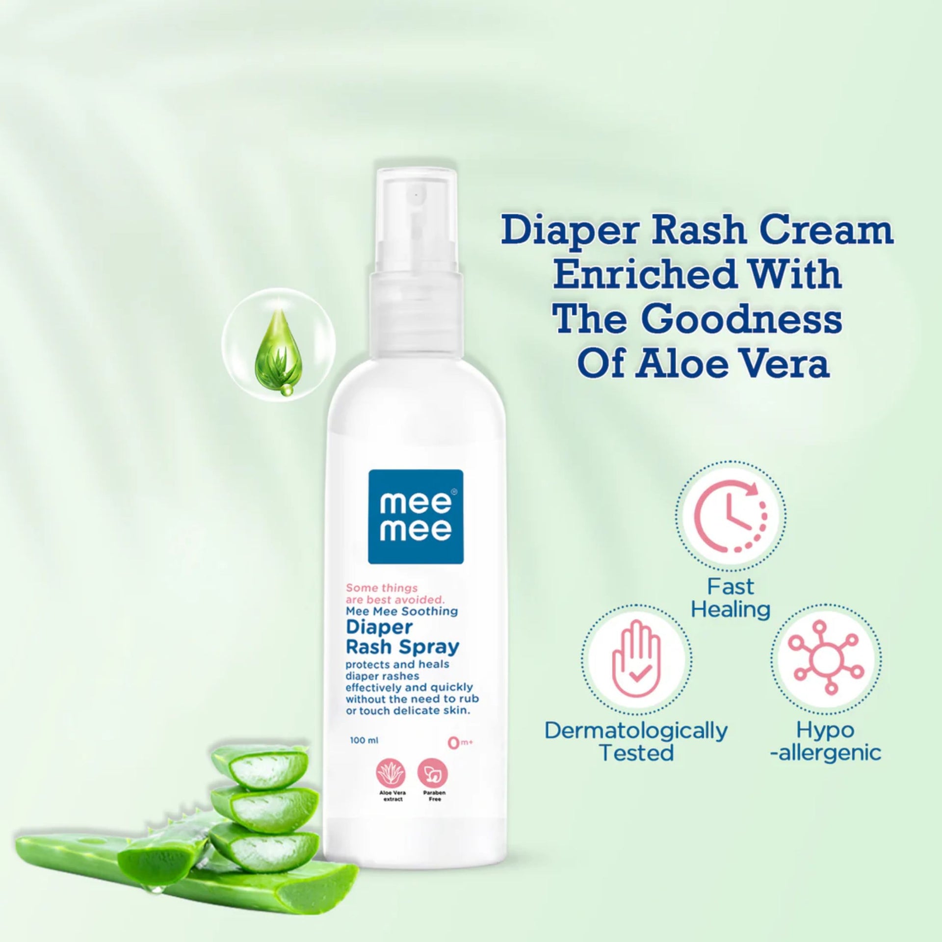 Mee Mee Soothing Diaper Rash Spray with Aloe Vera | No-Touch Application, Fast Healing & Hypoallergenic | Dermatologically Tested | 0m+ Babies (100 ml)