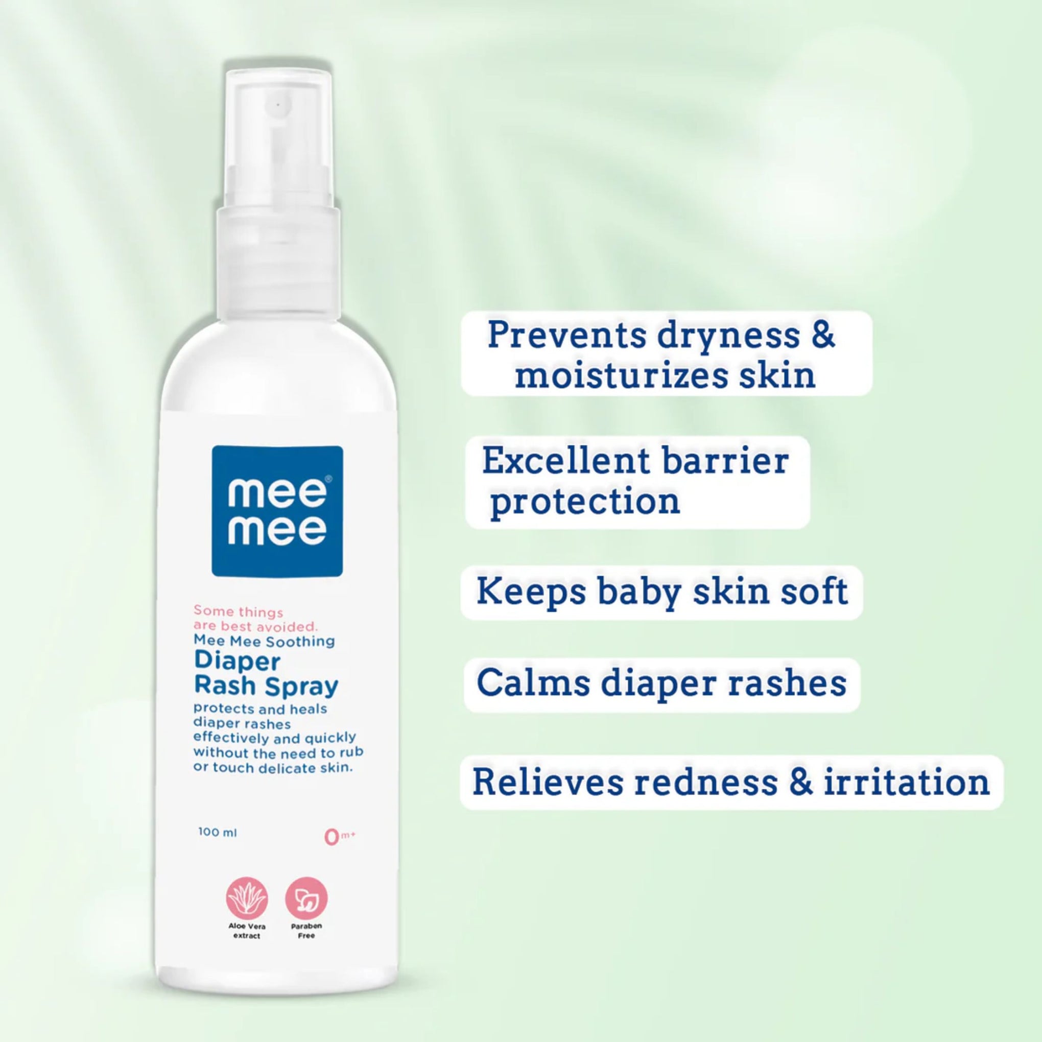 Mee Mee Soothing Diaper Rash Spray with Aloe Vera | No-Touch Application, Fast Healing & Hypoallergenic | Dermatologically Tested | 0m+ Babies (100 ml)