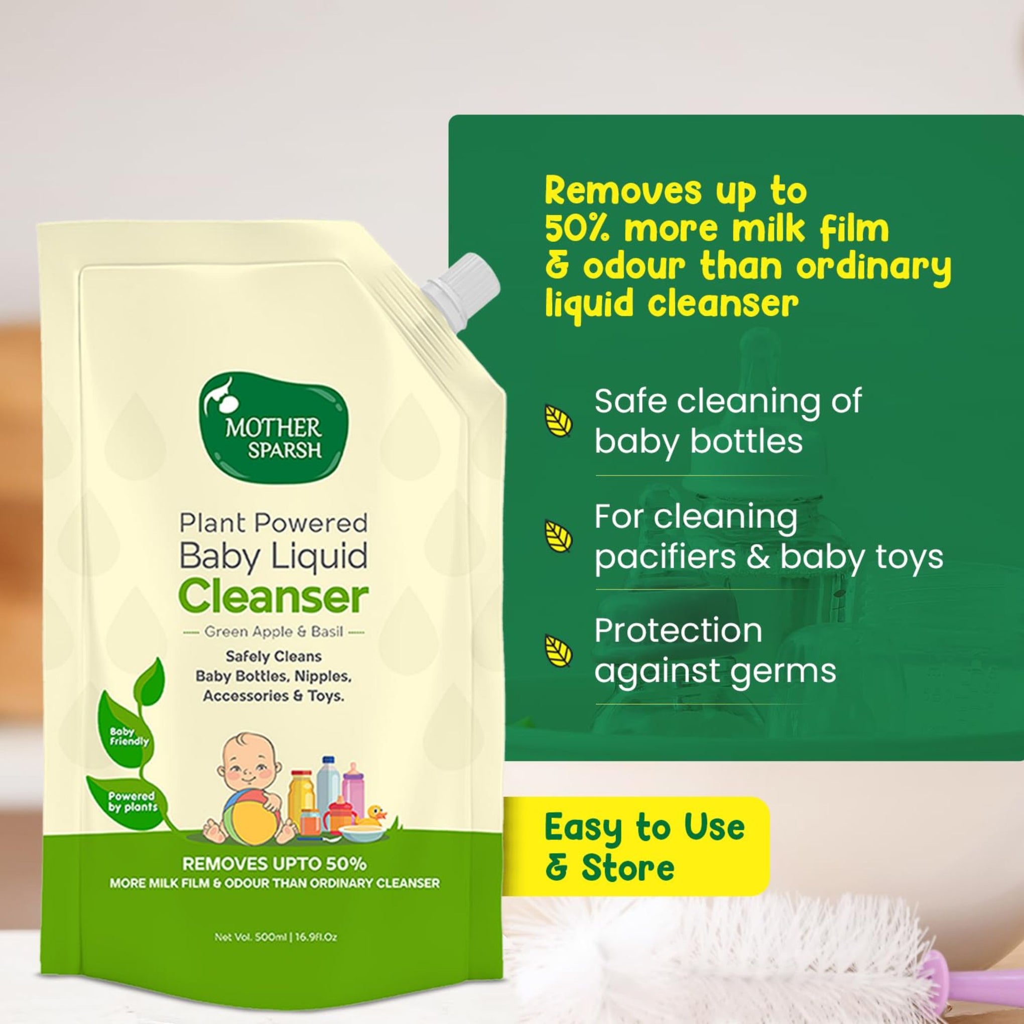 Mother Sparsh Plant Powered Baby Liquid Cleanser (Green Apple & Basil) – Safely Cleans Baby Bottles, Nipples, Toys & Accessories | Toxin-Free, Cruelty-Free | 500 ml
