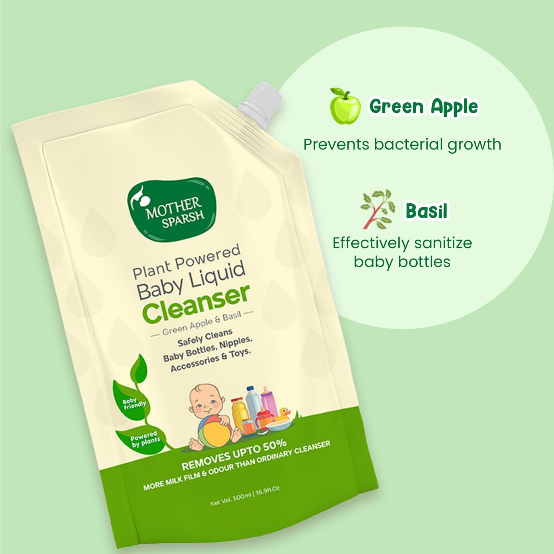 Mother Sparsh Plant Powered Baby Liquid Cleanser (Green Apple & Basil) – Safely Cleans Baby Bottles, Nipples, Toys & Accessories | Toxin-Free, Cruelty-Free | 500 ml