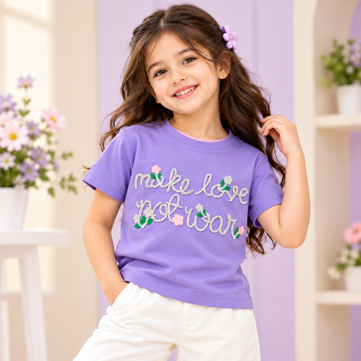 Smile Baby Girls Lavender Floral Embroidered Half Sleeve T-Shirt 