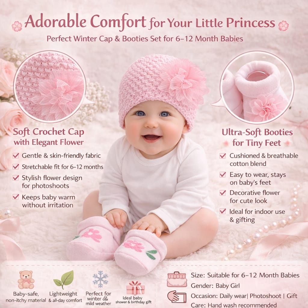 SMILE BABY Baby Girl Pink Crochet Cap & Floral Booties Set (0–12 Months) – Soft Winter Wear & Photoshoot Outfit