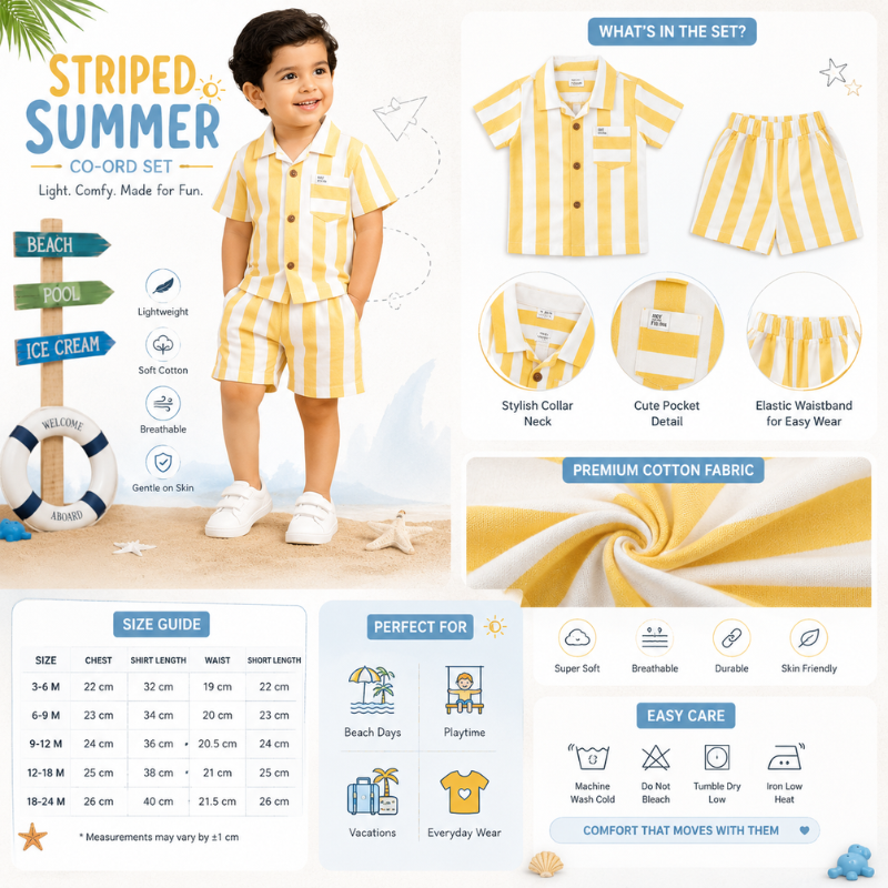 Smile Baby Boys Yellow & White Striped Shirt & Shorts Co-Ord Set | 3M–24M