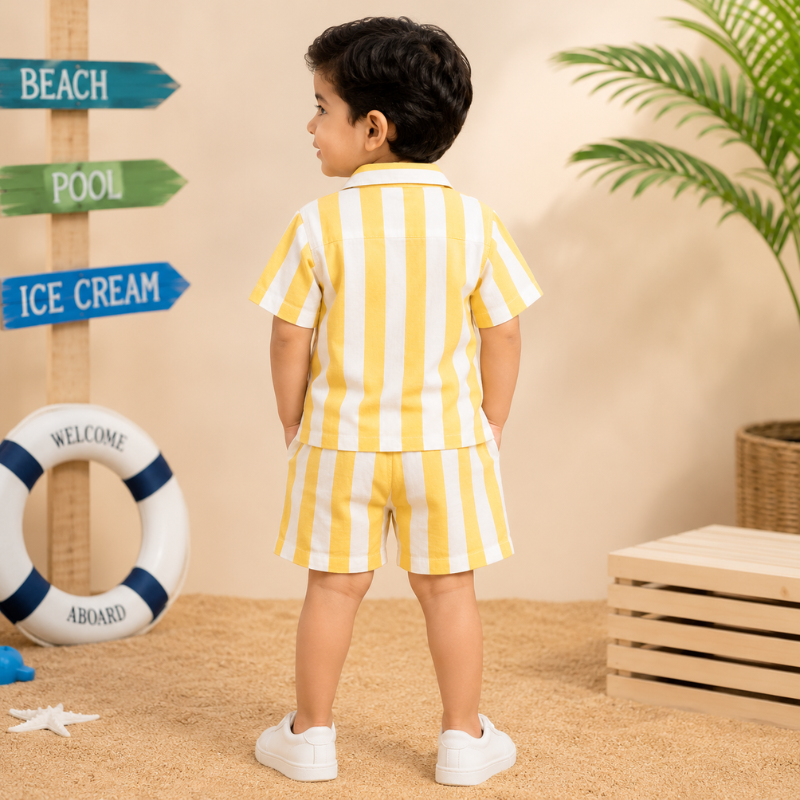 Smile Baby Boys Yellow & White Striped Shirt & Shorts Co-Ord Set | 3M–24M