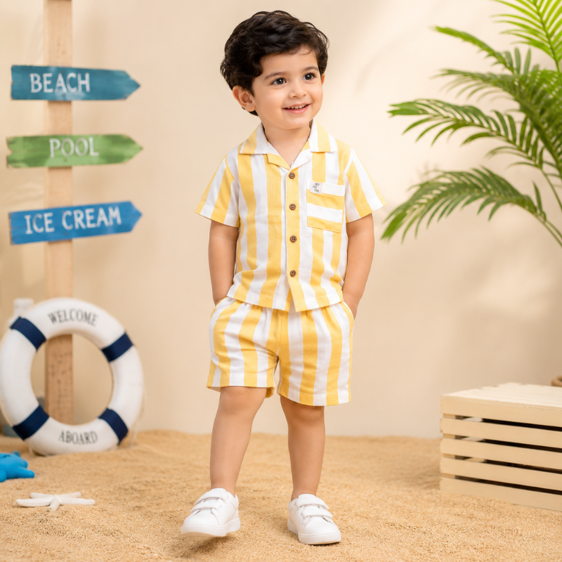 Smile Baby Boys Yellow & White Striped Shirt & Shorts Co-Ord Set | 3M–24M